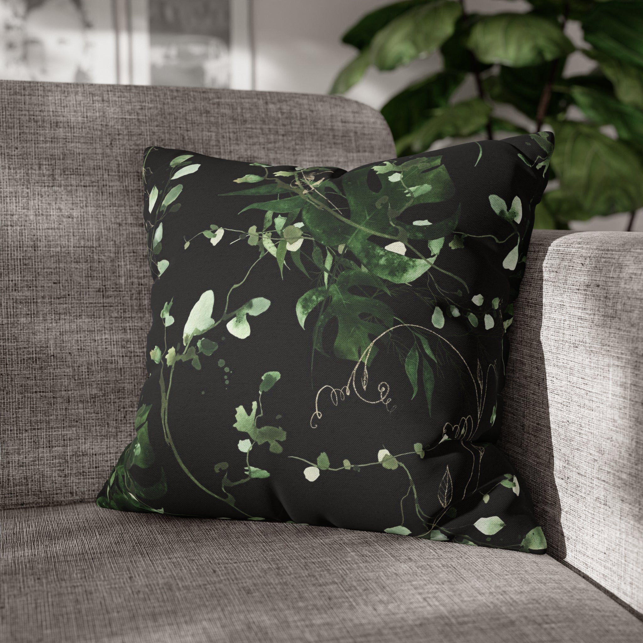 Black Floral Pillow Cover | Beige Sage Green Leaves