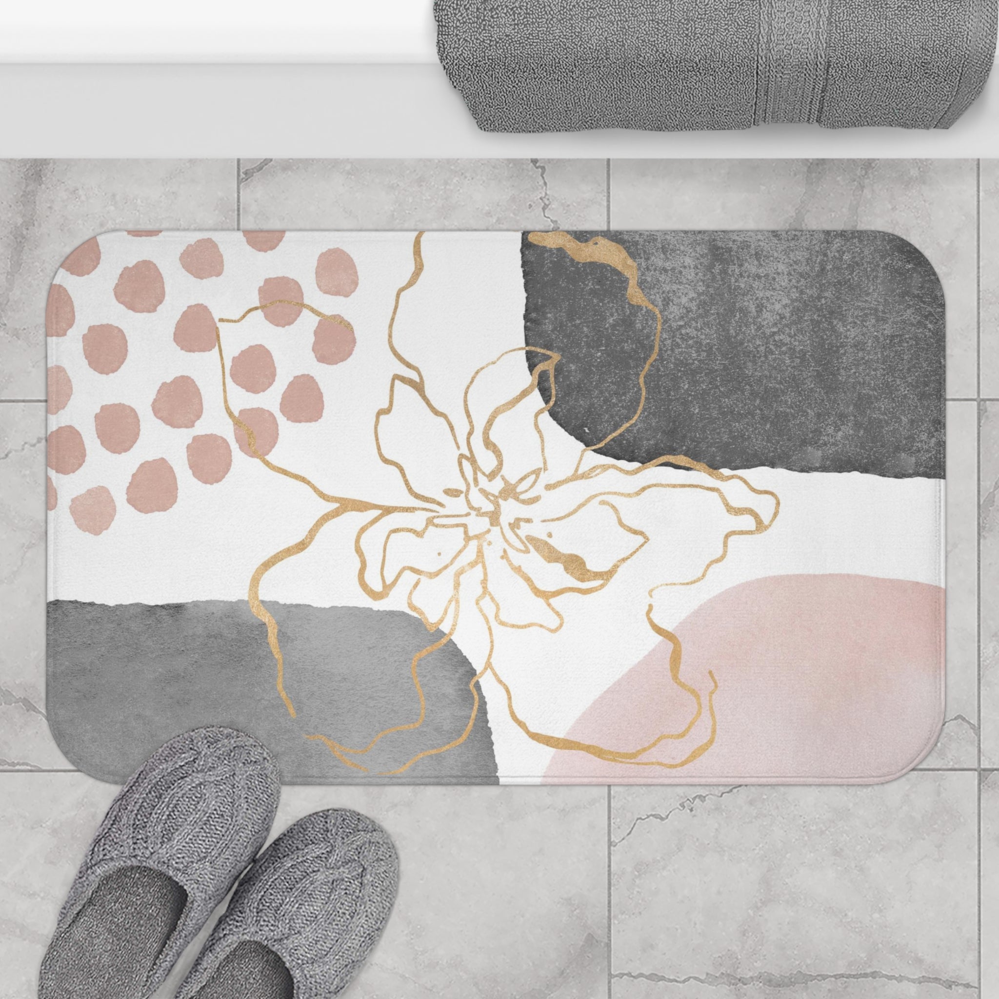Abstract Bath Mat | White Blush Pink Grey, Gold Floral Kitchen Mat