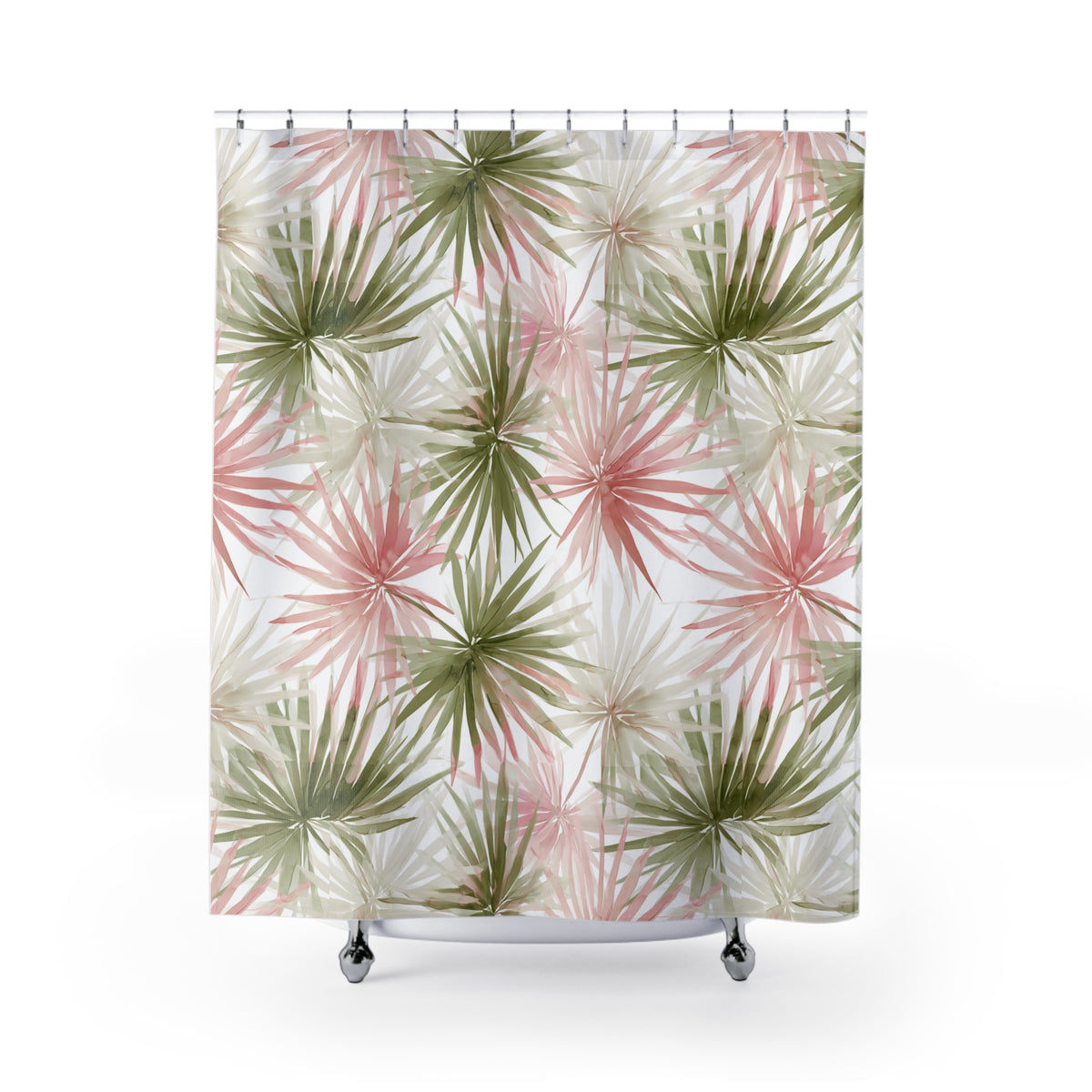 a shower curtain with a repeating pattern of green and pink palm leaves.