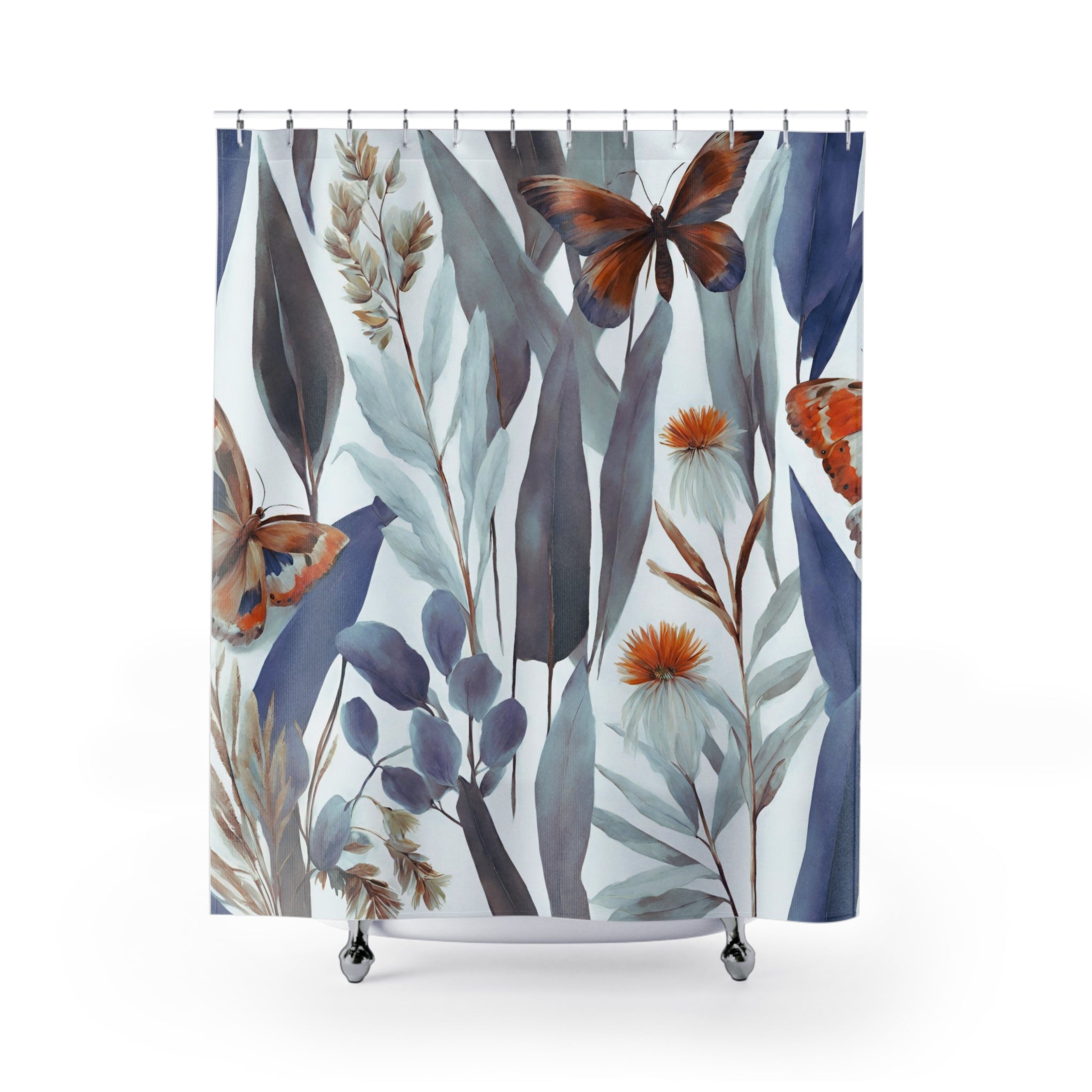 Boho Shower Curtain | Abstract Blue White, Orange Butterflies
