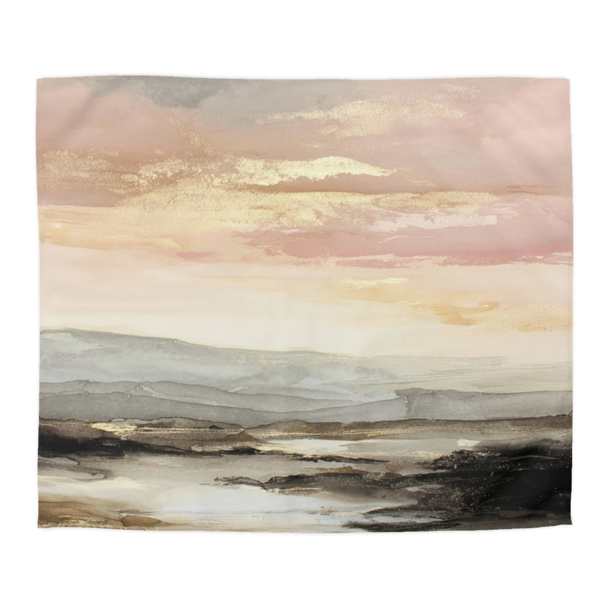 a serene landscape with a vast, open sky and a calm body of water in the foreground.