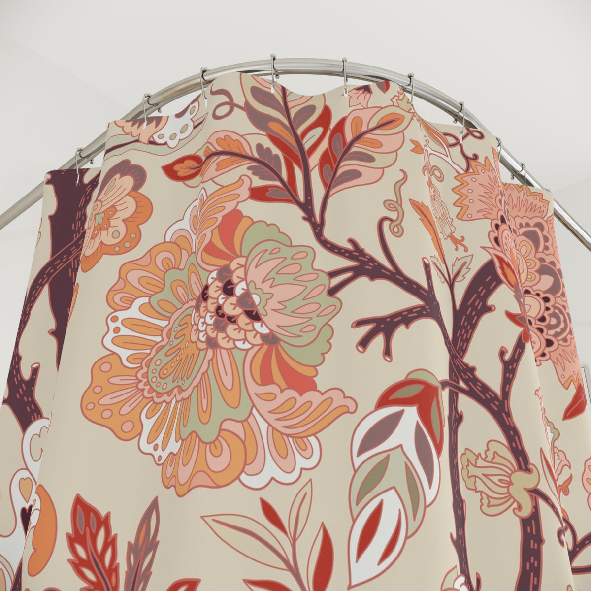 Peach Terracotta Jacobean Floral Shower Curtain, Bath Curtain 71x74