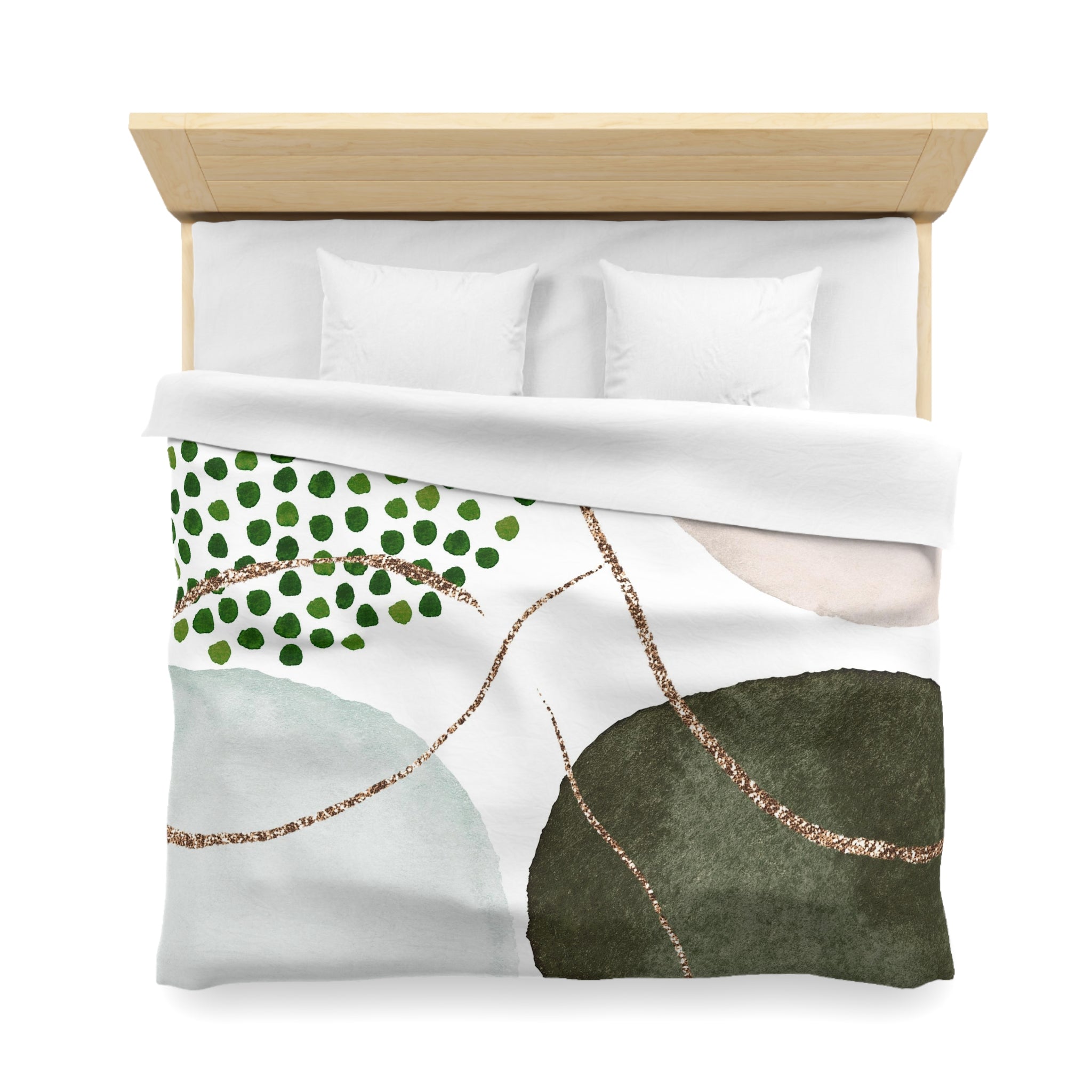 a neatly made bed with a white comforter and a colorful abstract pattern on the bedspread.