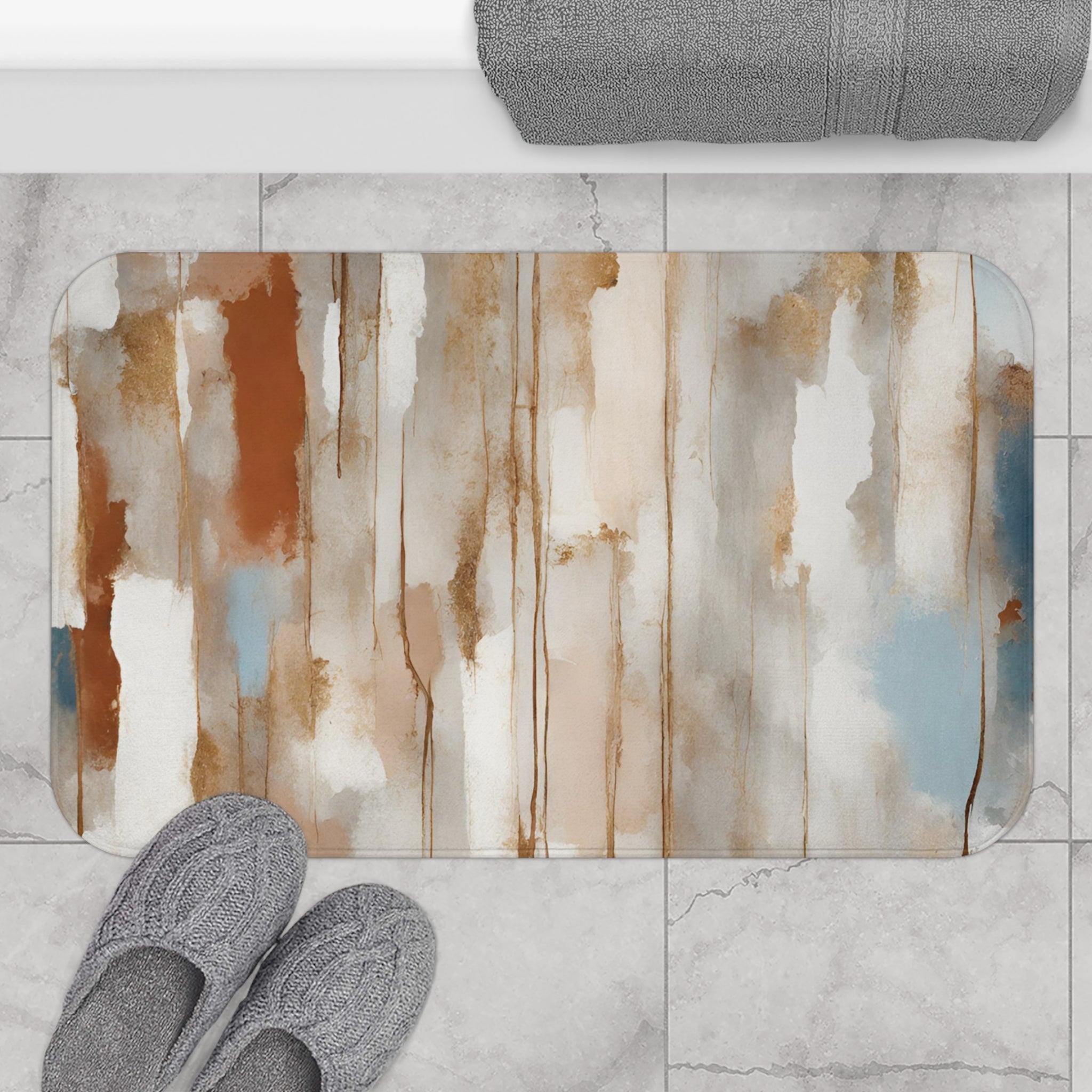 Abstract Bath Mat | White Blush Blue, Beige Rust Grey Kitchen Mat