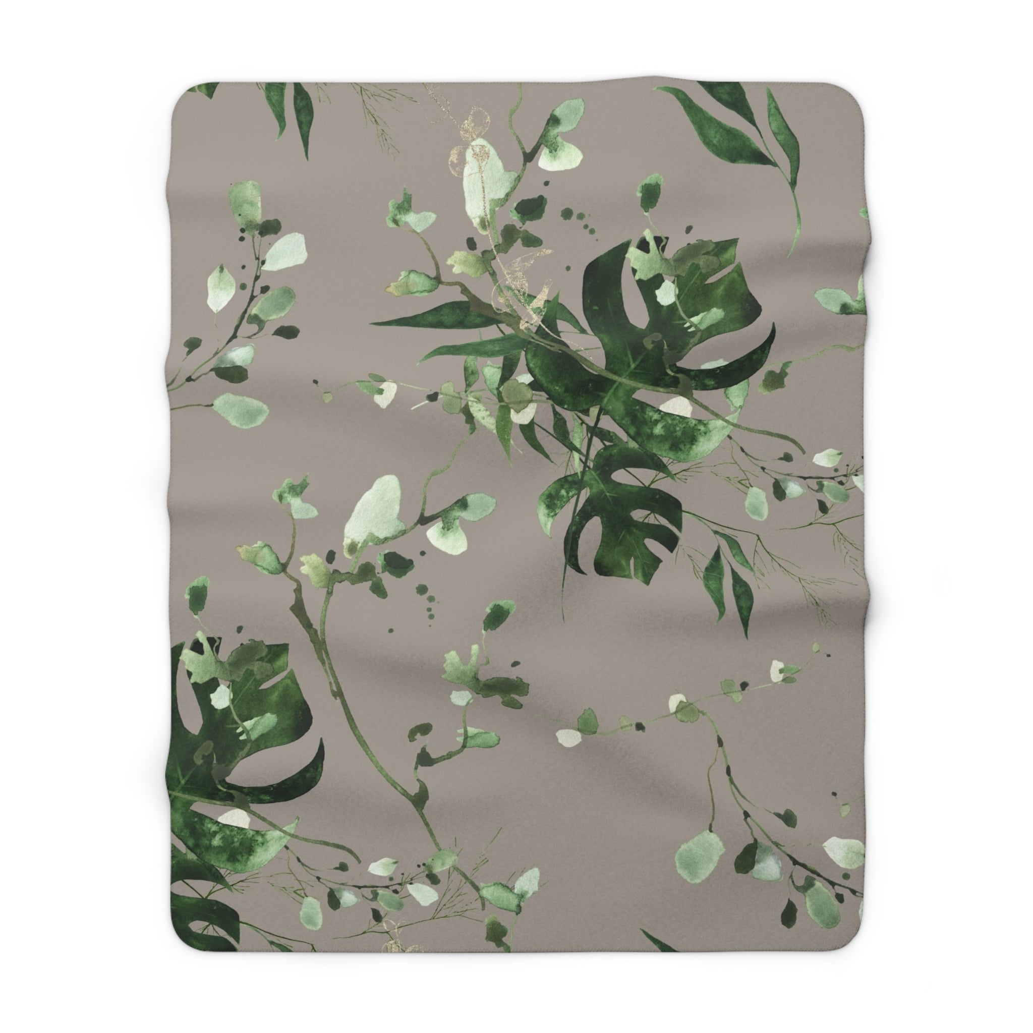 Floral Boho Comfy Blanket | Taupe Gray, Green Monstera Leaves