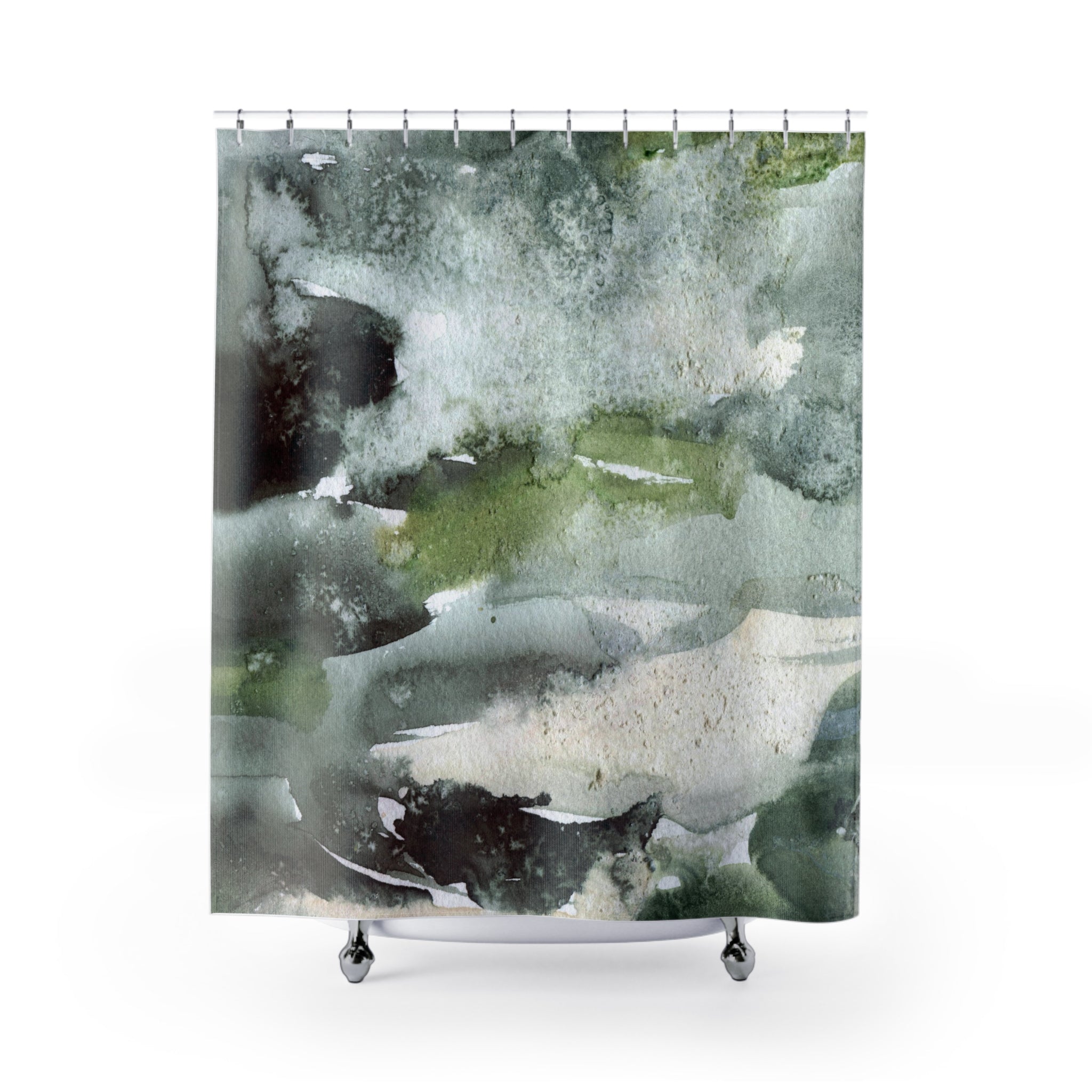 a shower curtain with a watercolor painting of a forest scene.