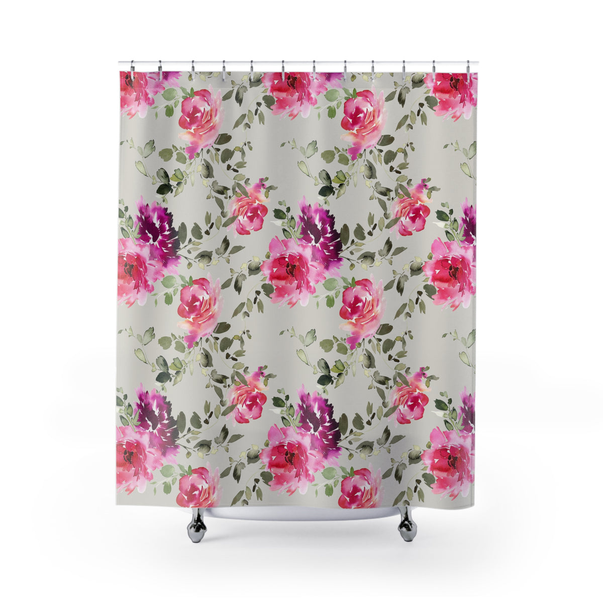 a shower curtain with a floral pattern of pink and green flowers.