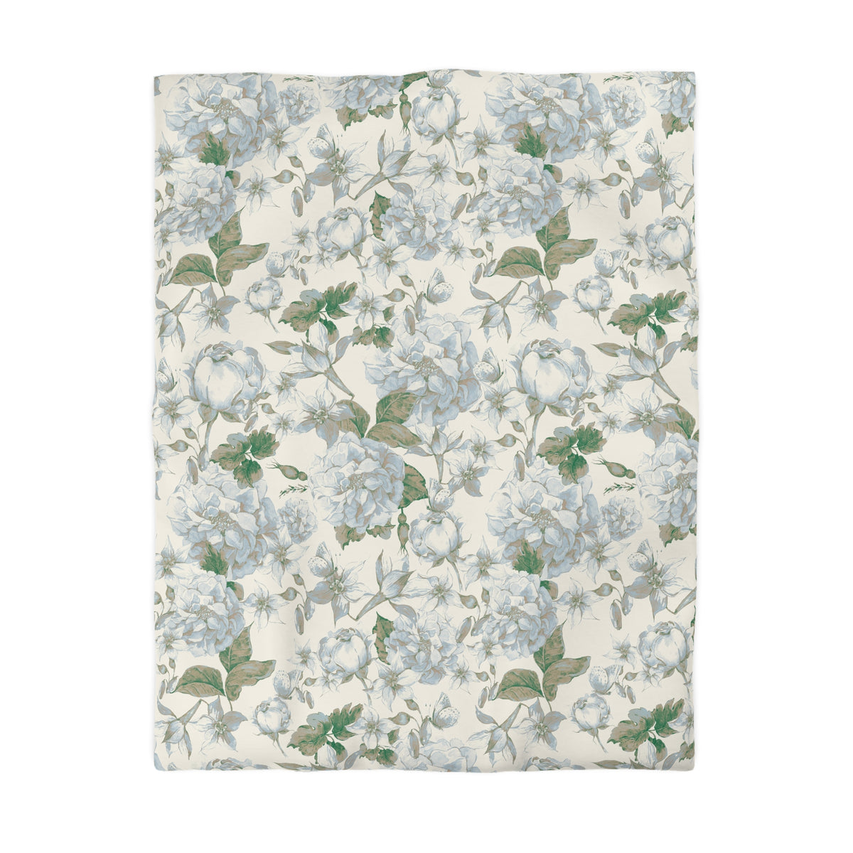 a floral pattern with white and green flowers and leaves on a cream-colored background.