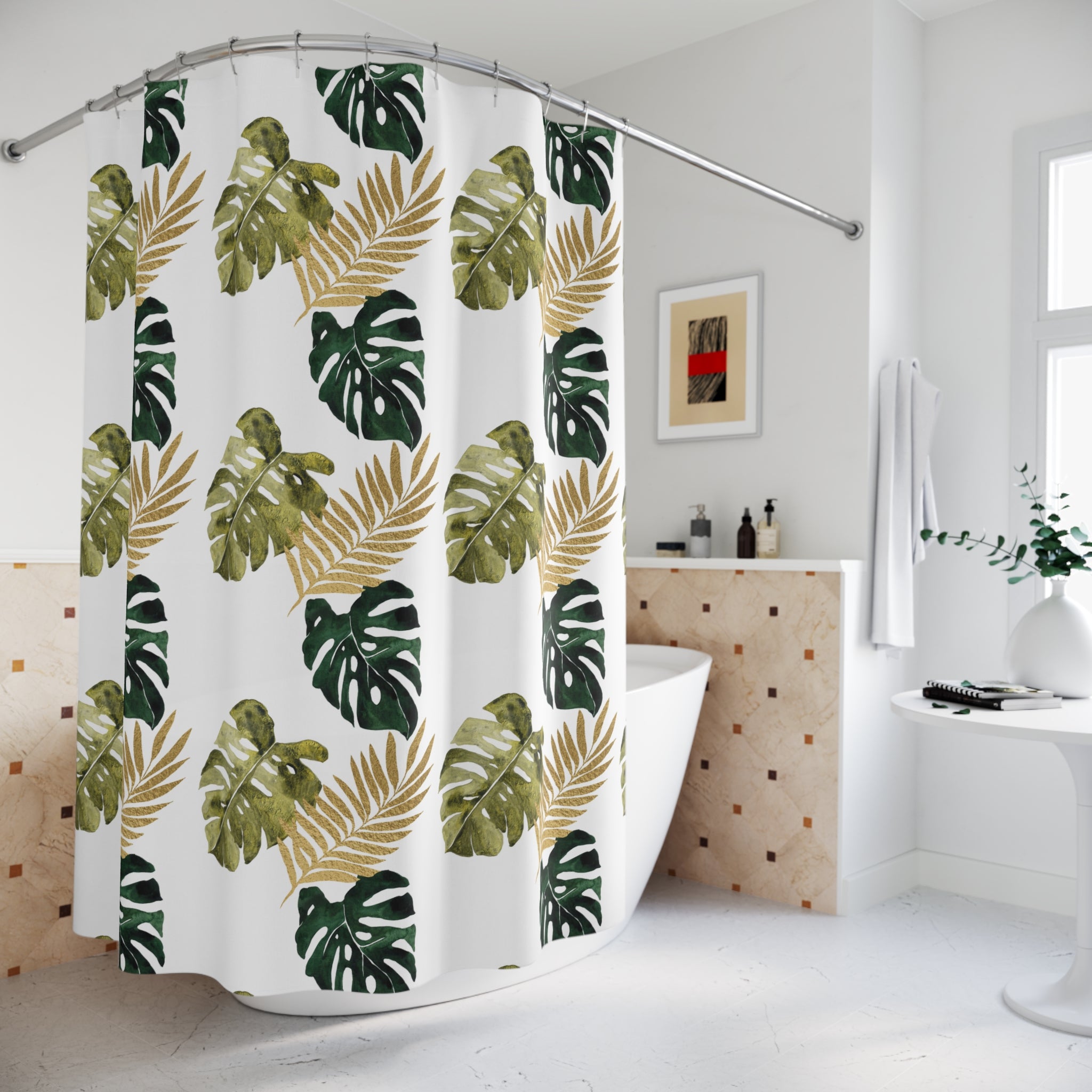 Boho Shower Curtain | Sage Green White Monster Leaves Fabric Curtain