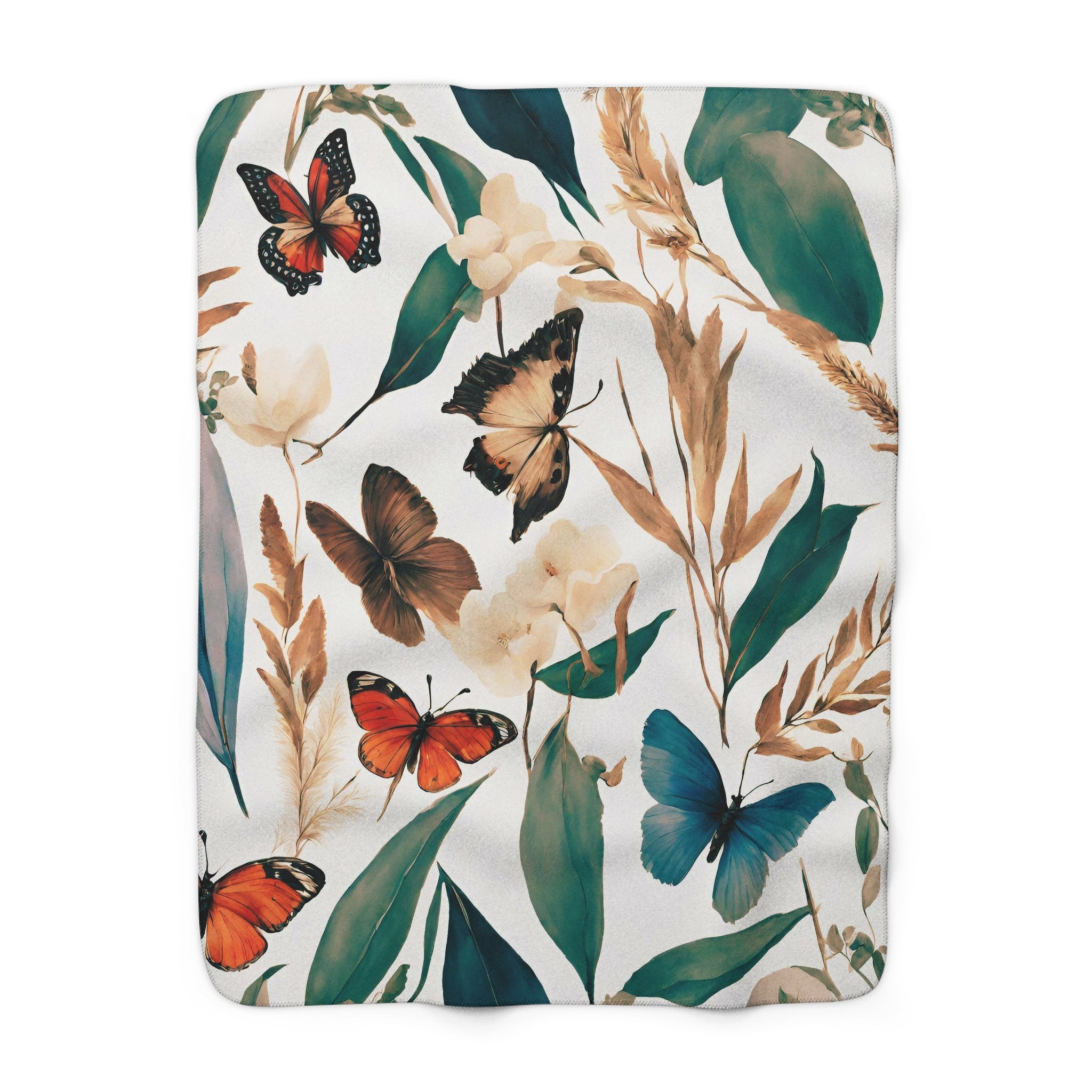 Butterflies Floral Throw Blanket | Green Beige Meadow