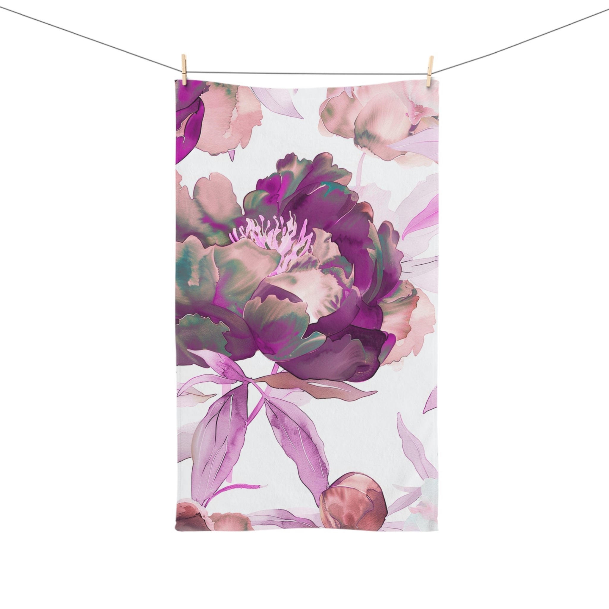 Floral Kitchen, Bath Hand Towel | Botanical White Pink Watercolor