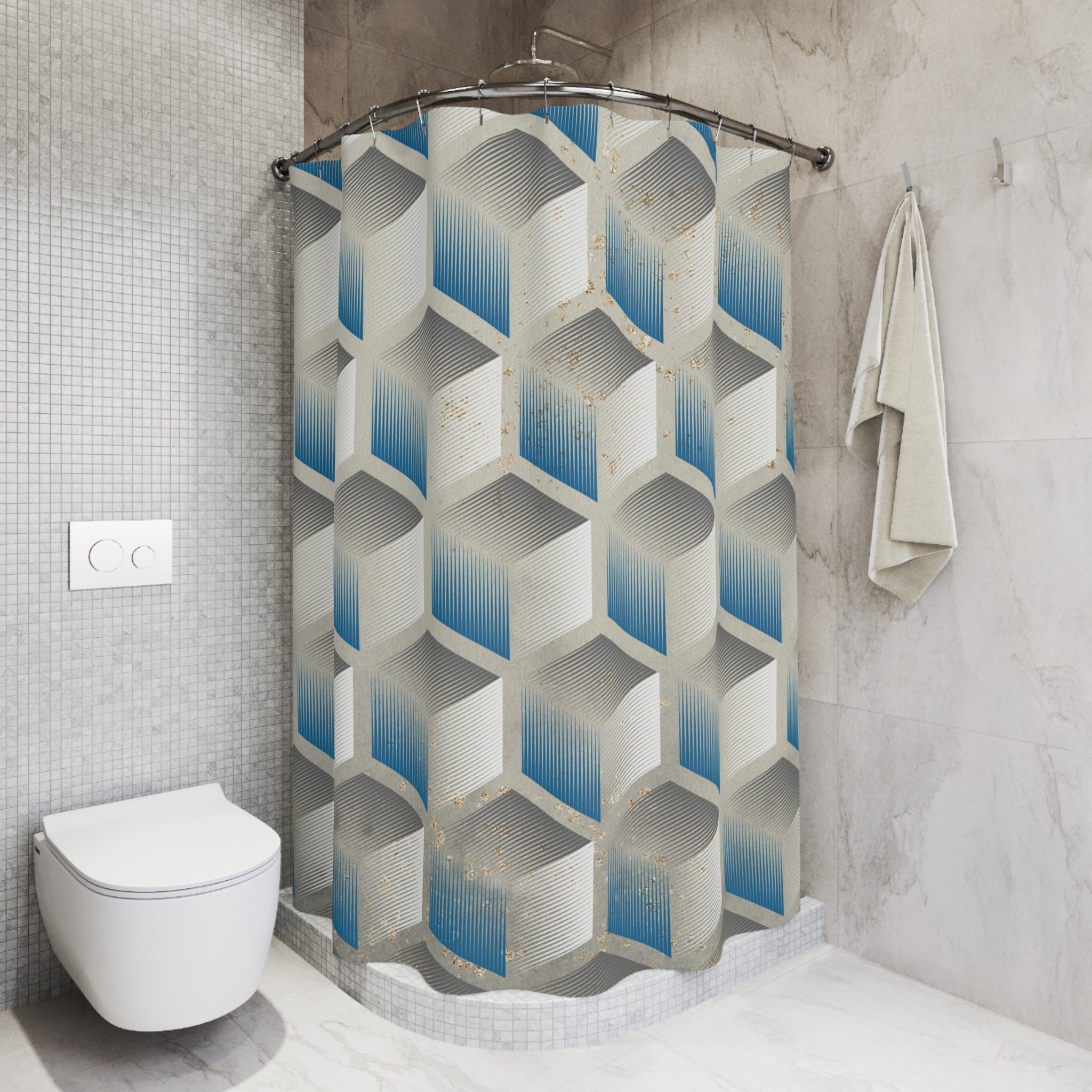 Boho Shower Curtain | Abstract Blue Grey Geometric