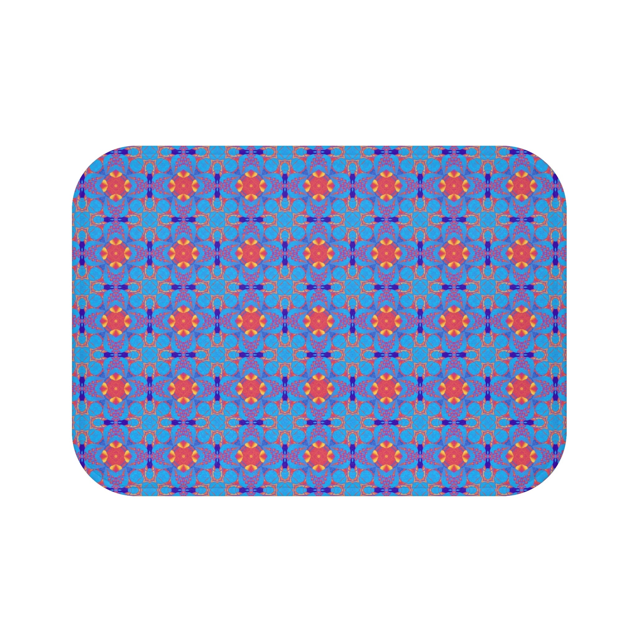 Boho Bath Mat | Blue Art Deco, Colorful Blue Red Kitchen Mat