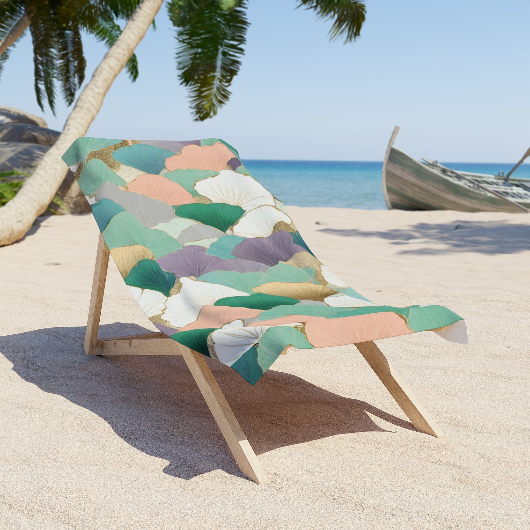 Floral Boho Bath Beach Towel | Teal Green Pink Gingko Leaves