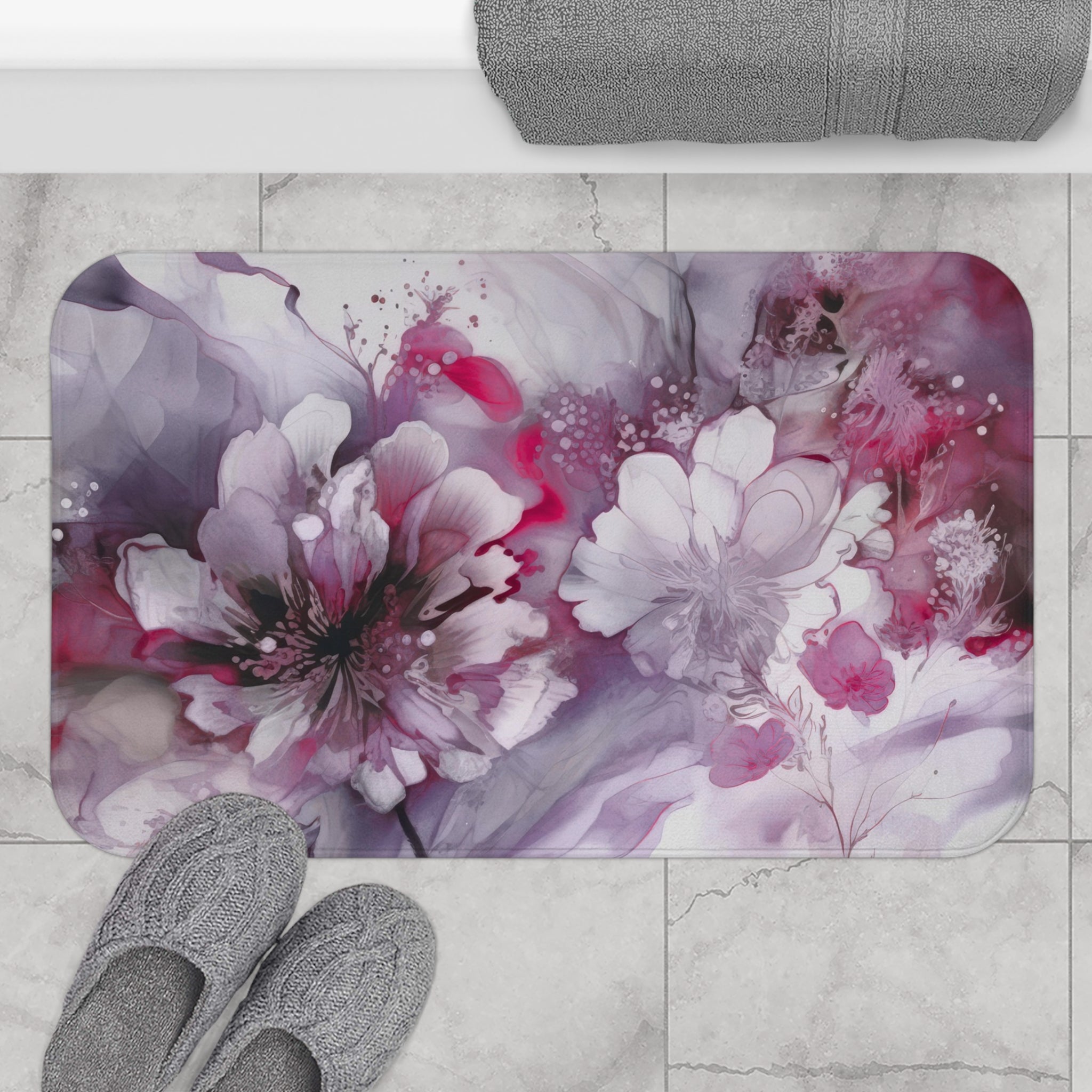 Boho Floral Bath Mat | White Lavender Purple, Pink Kitchen Mat
