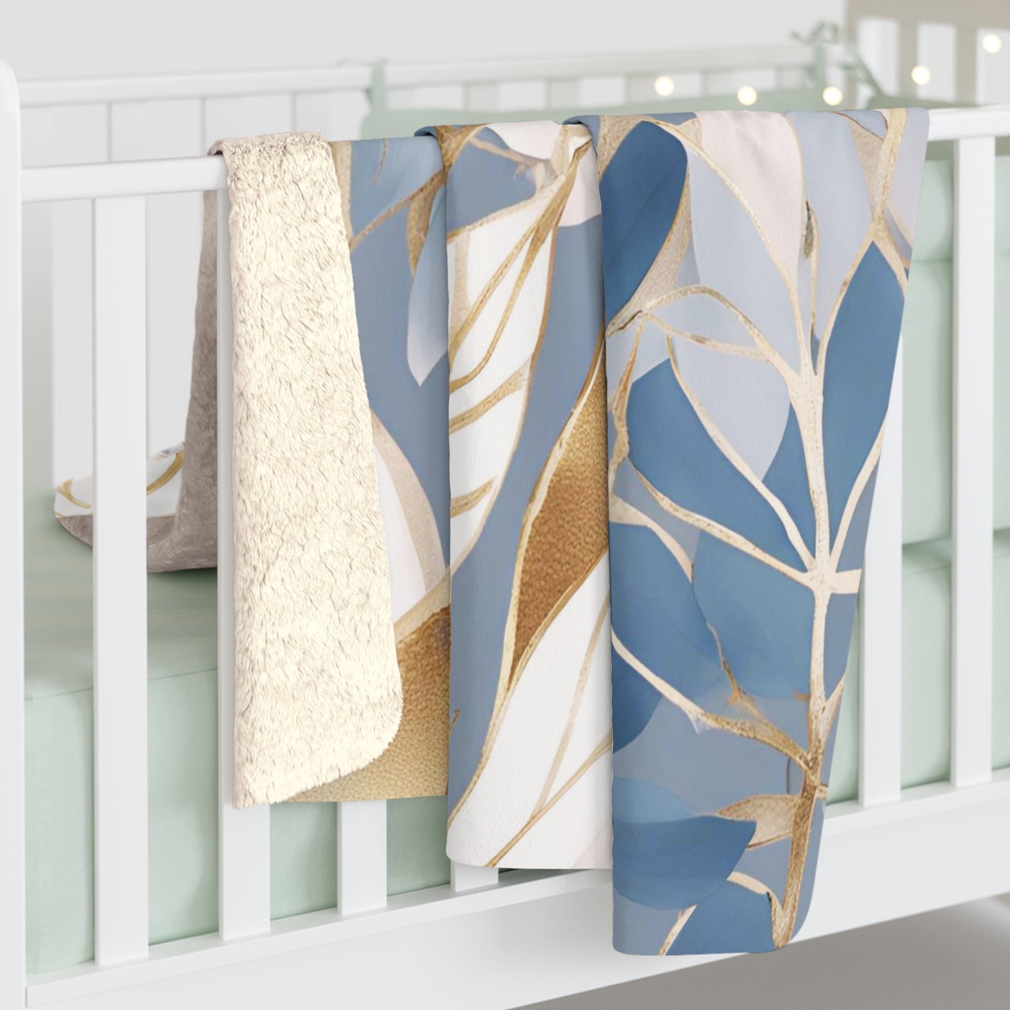 Abstract Floral Throw Blanket | Pale Blue, White Beige Leaves