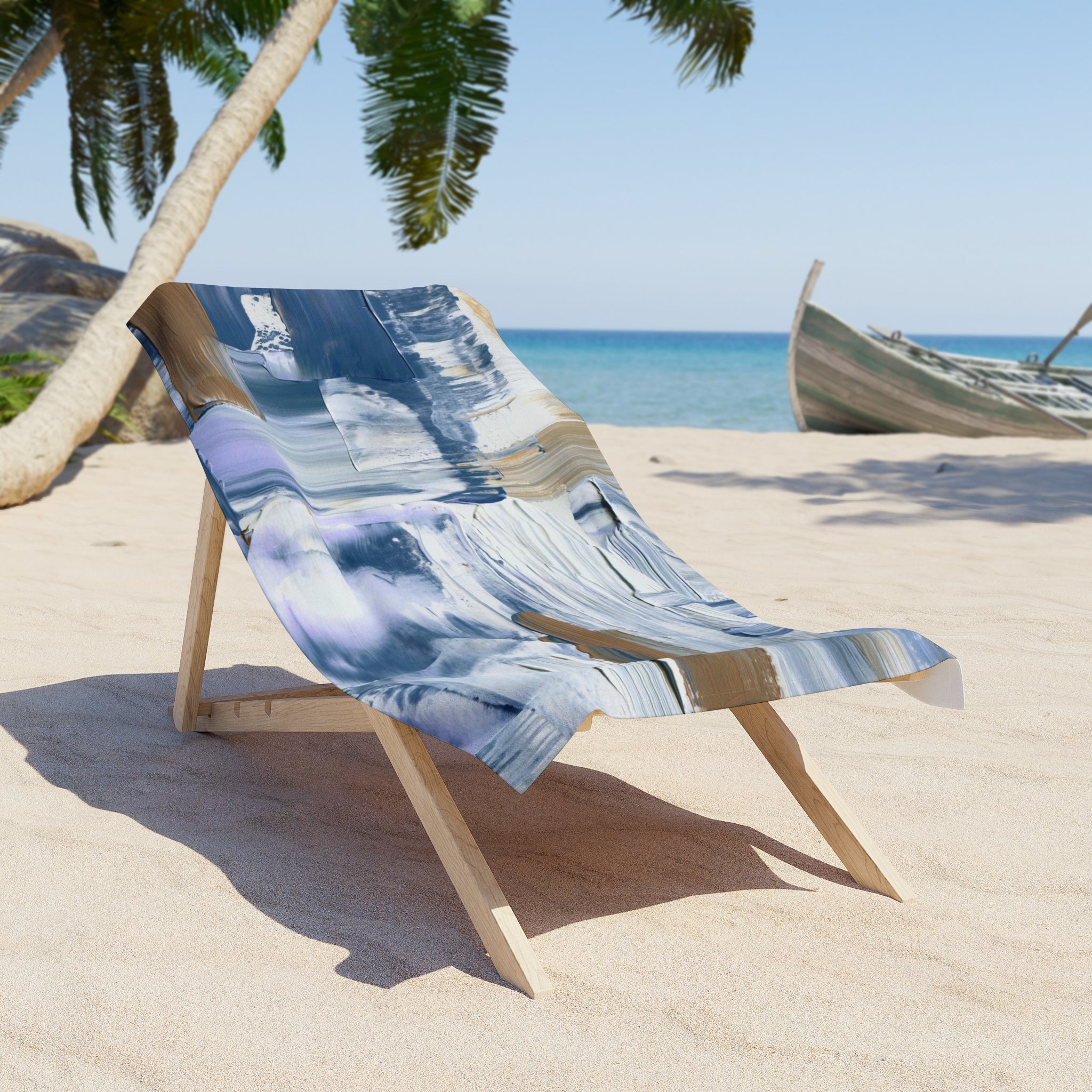 Boho Bath Beach Towel | Abstract Indigo Pale Blue, White Beige Brown