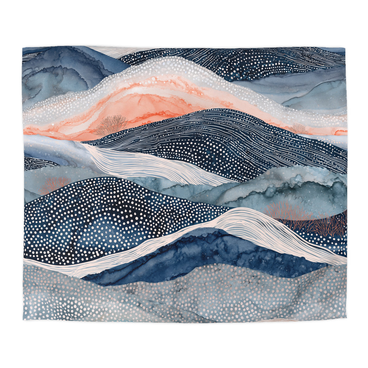 The image is a vibrant and abstract watercolor painting featuring a variety of colors and patterns, including shades of blue, orange, and white. The painting depicts a dynamic landscape with rolling hills and mountains, creating a sense of movement and energy.
