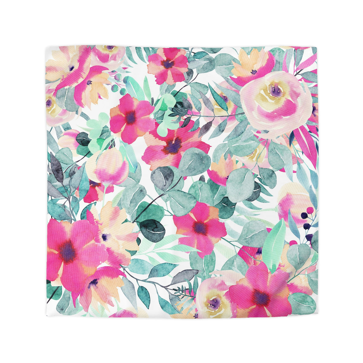 The image is a vibrant and colorful floral pattern featuring a variety of pink, yellow, and green flowers and leaves.