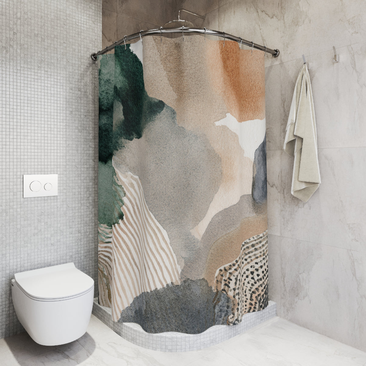 Sage Terracotta Abstract Shapes Shower Curtain, Bath Curtain 71x74
