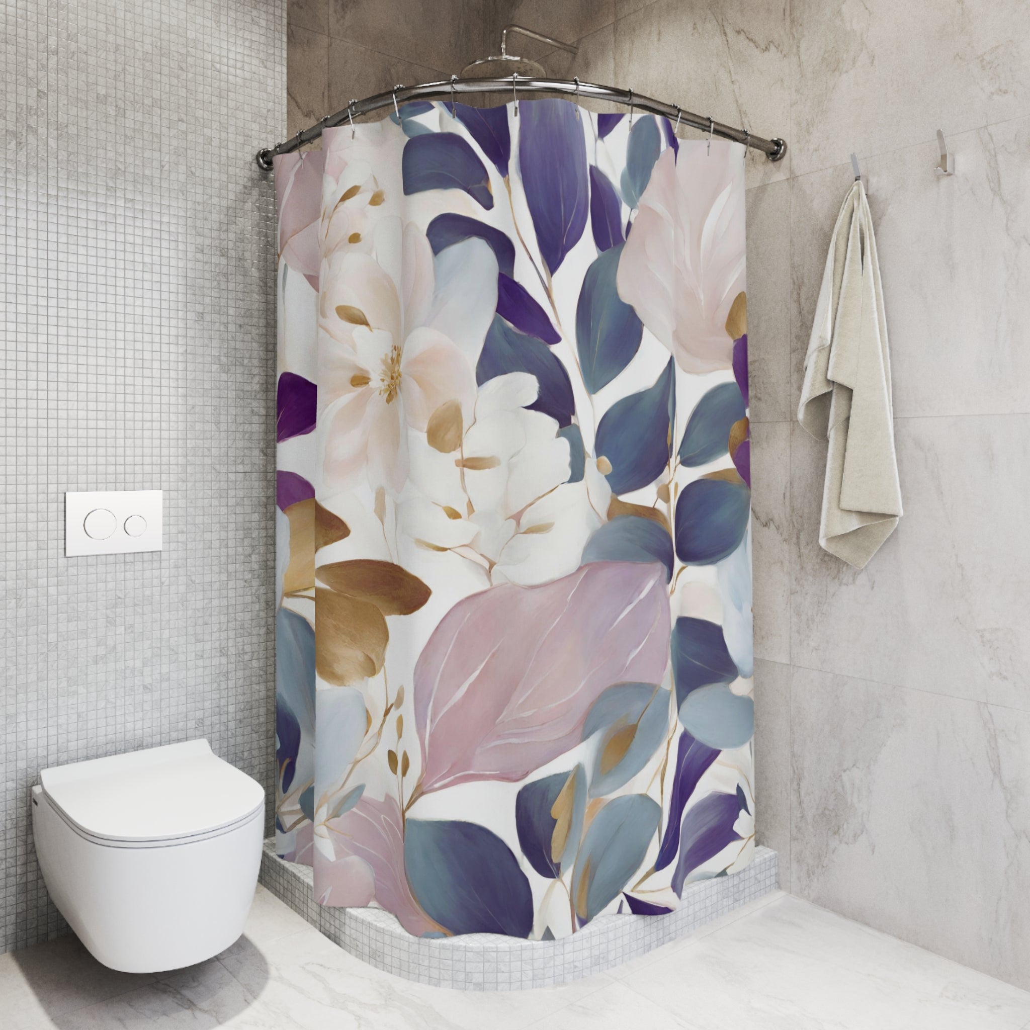 Boho Shower Curtain | Abstract Floral, Teal Navy blue Leaves