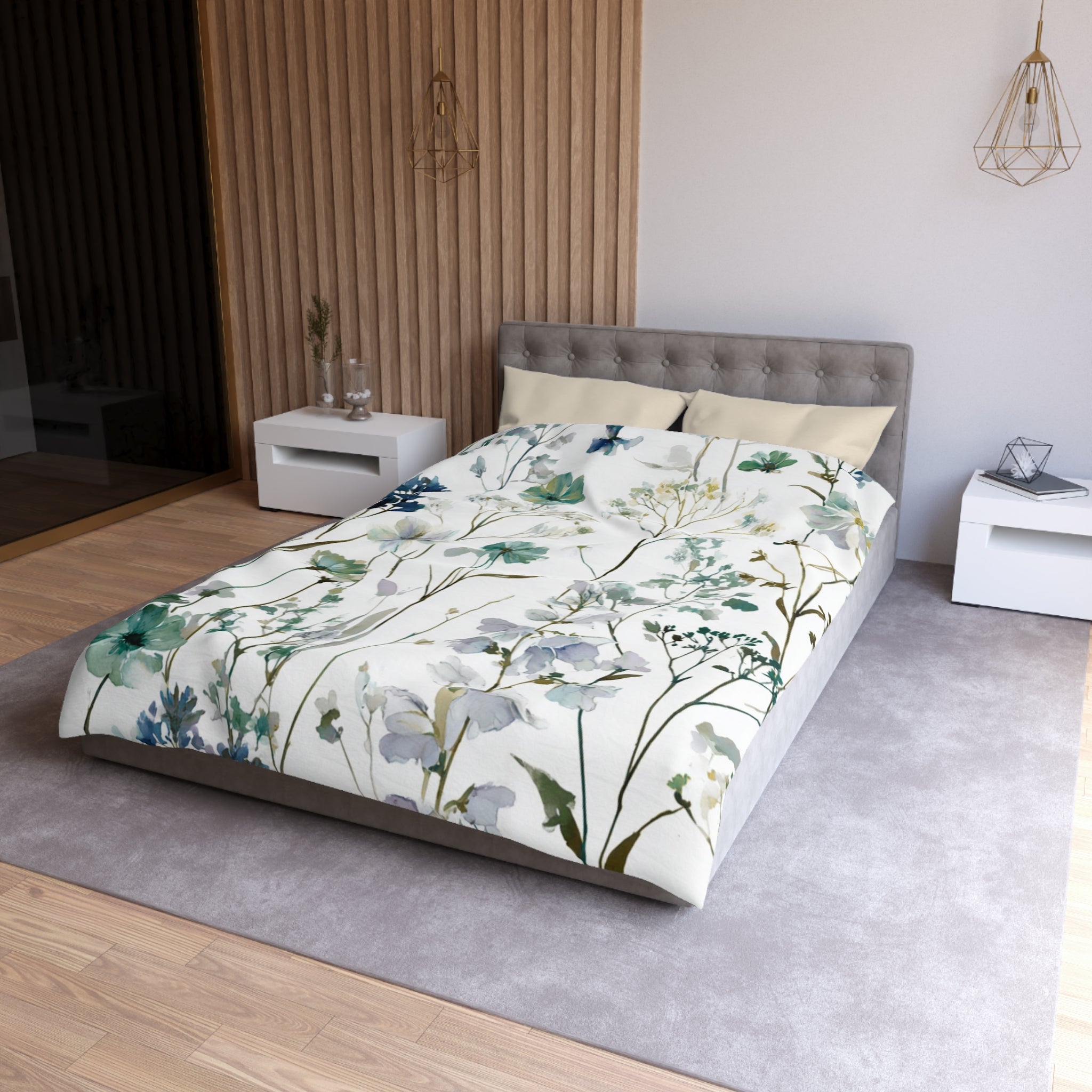 Floral Modern Duvet, Pillow Cover | White Green Bedroom Decor