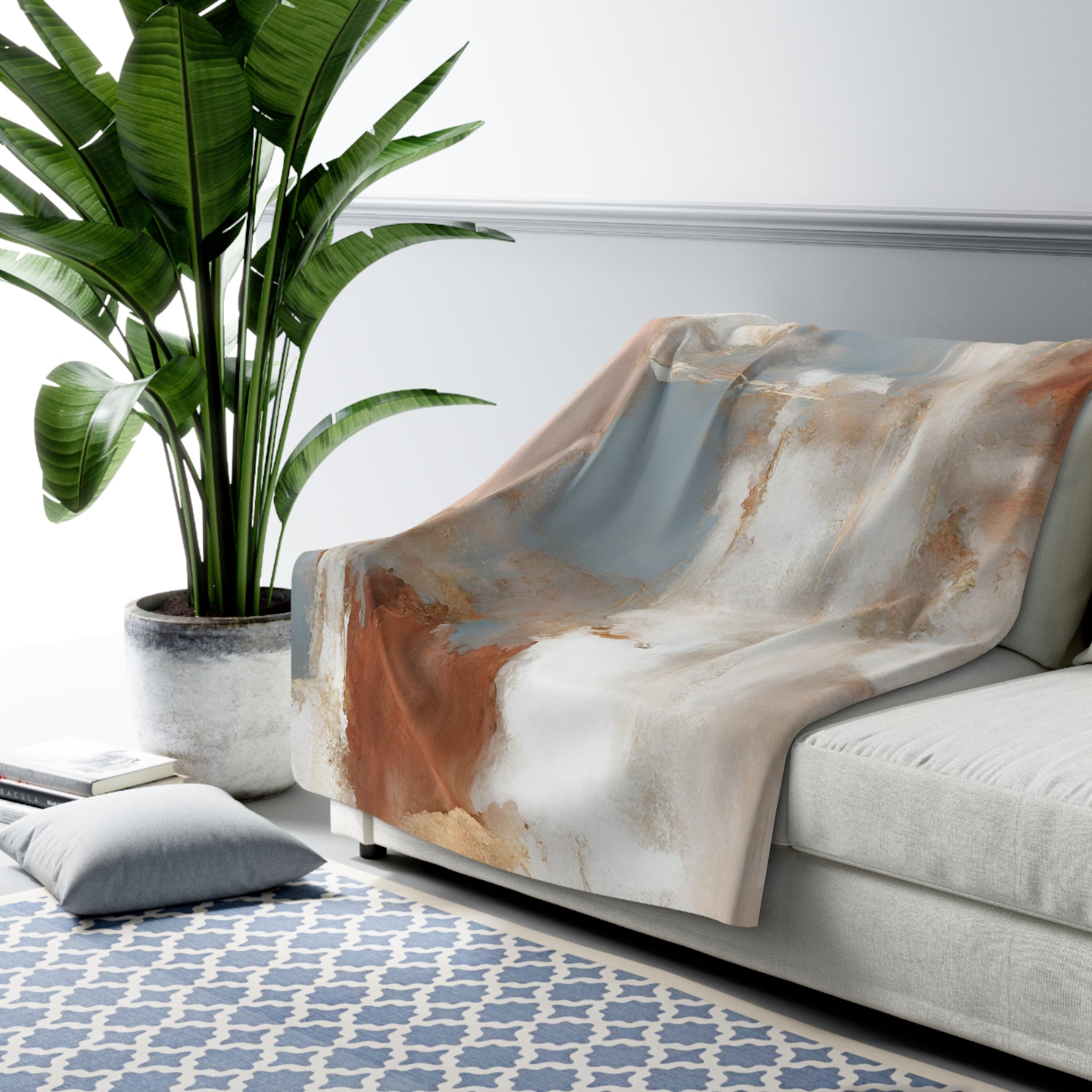 Abstract Boho Couch Throw Blanket | Beige Rust, blue White