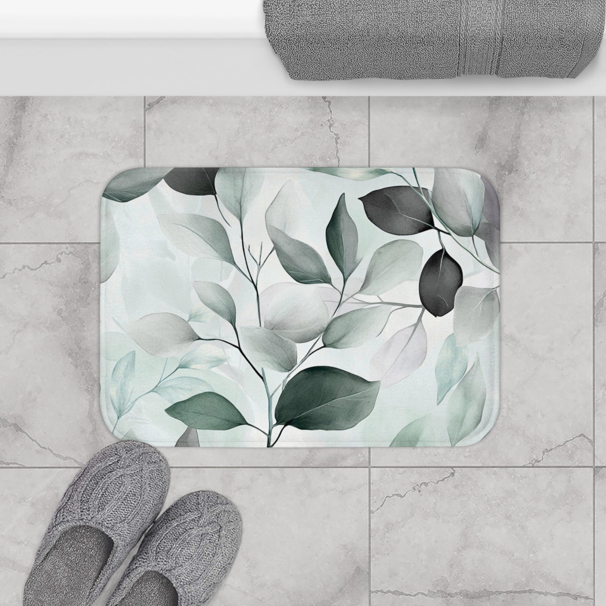 Floral Bath Mat | Sage Green Grey Leaves Kitchen Mat