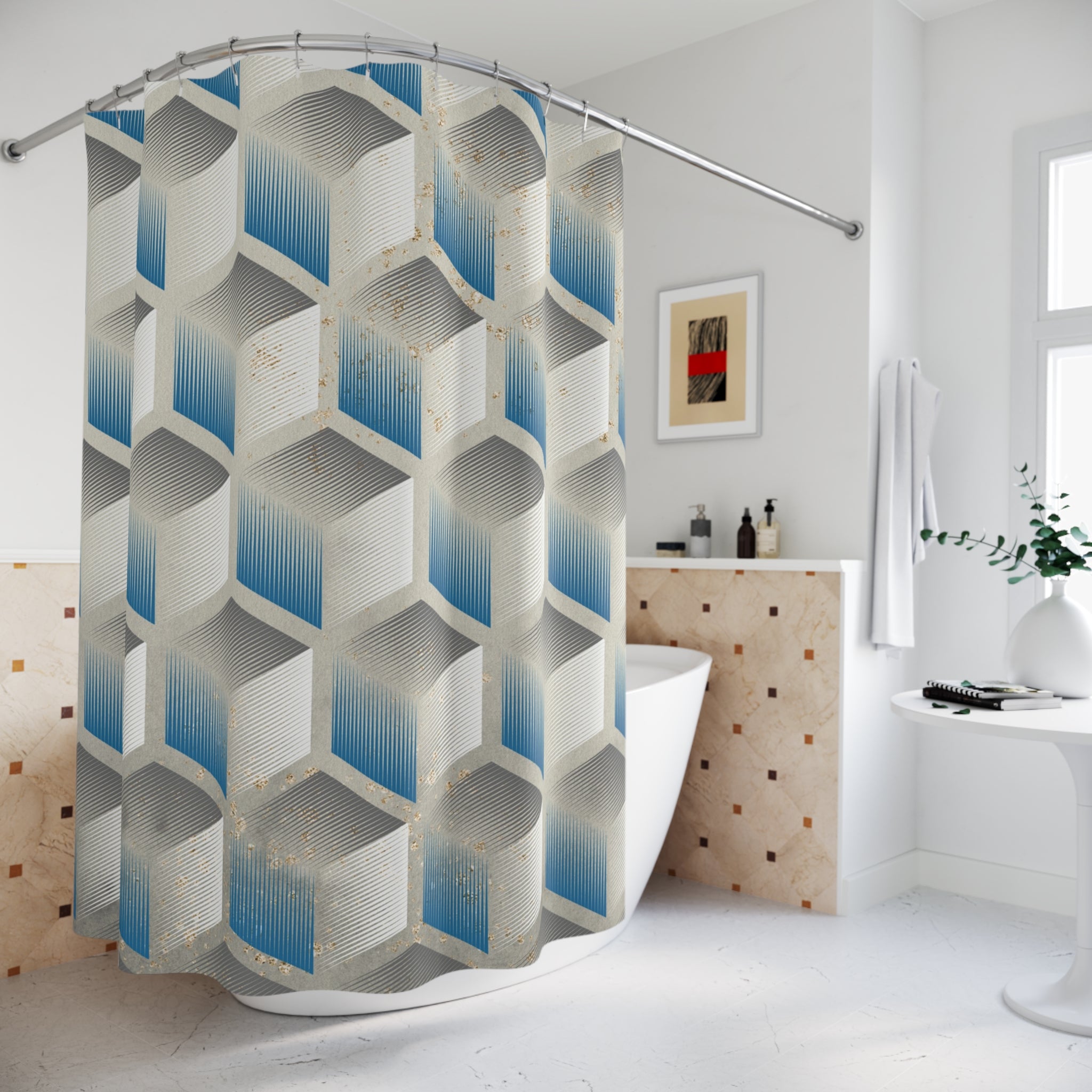 Boho Shower Curtain | Abstract Blue Grey Geometric