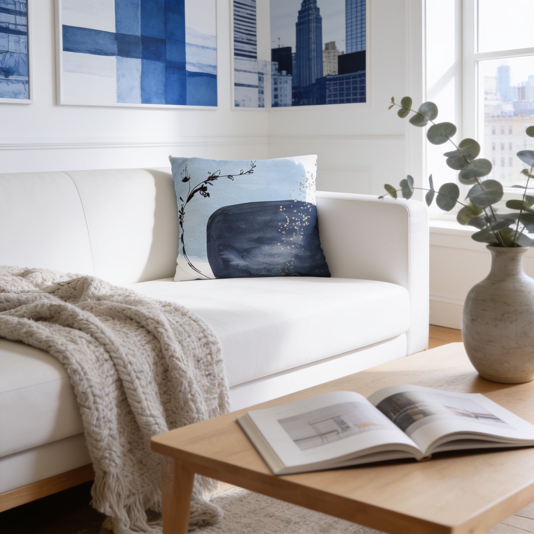 a cozy living room with a white sofa, a wooden coffee table, and a decorative vase with greenery. The room is illuminated by natural light coming through a window, and there are abstract paintings on the wall.