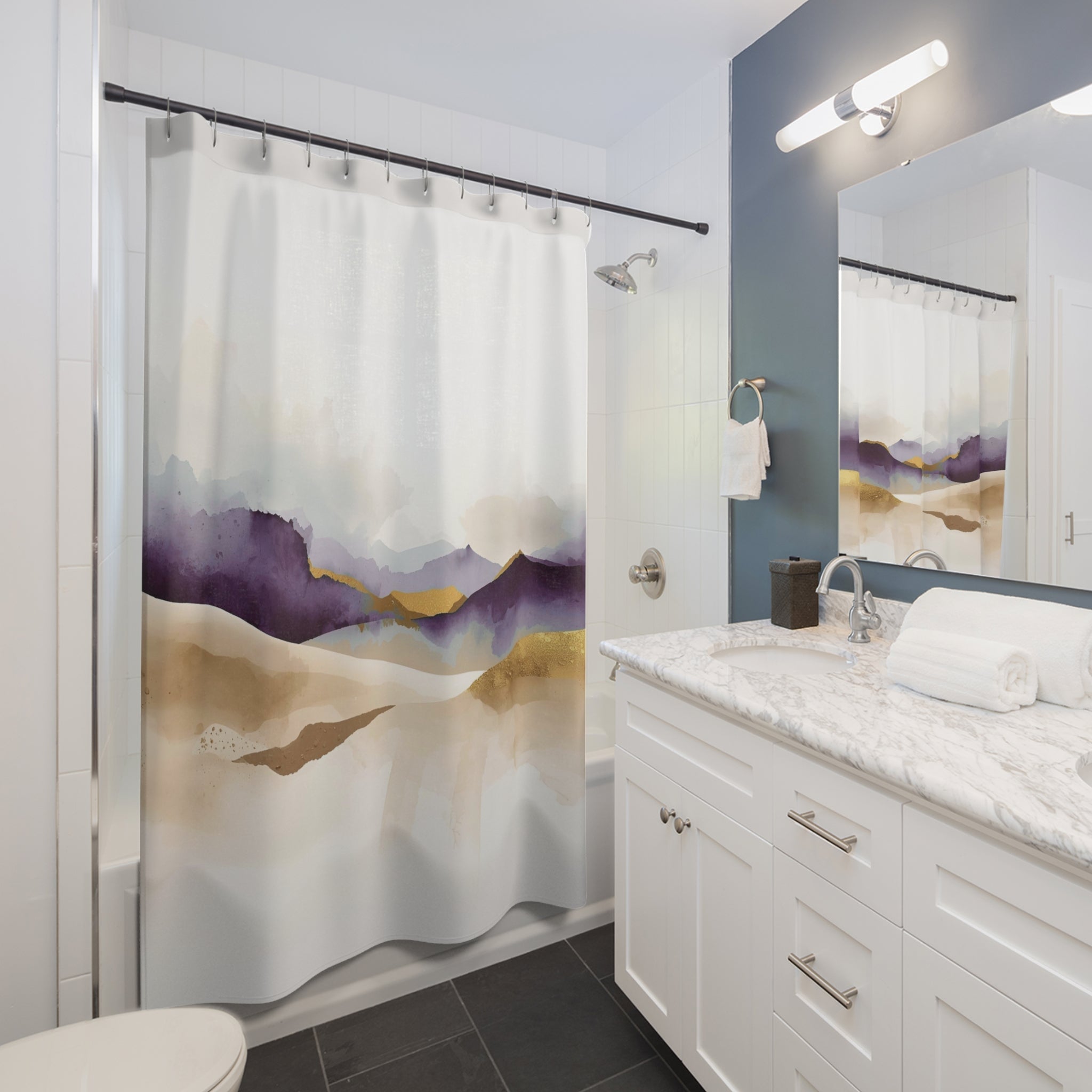 Abstract Shower Curtain | Artsy White Beige Purple Watercolor
