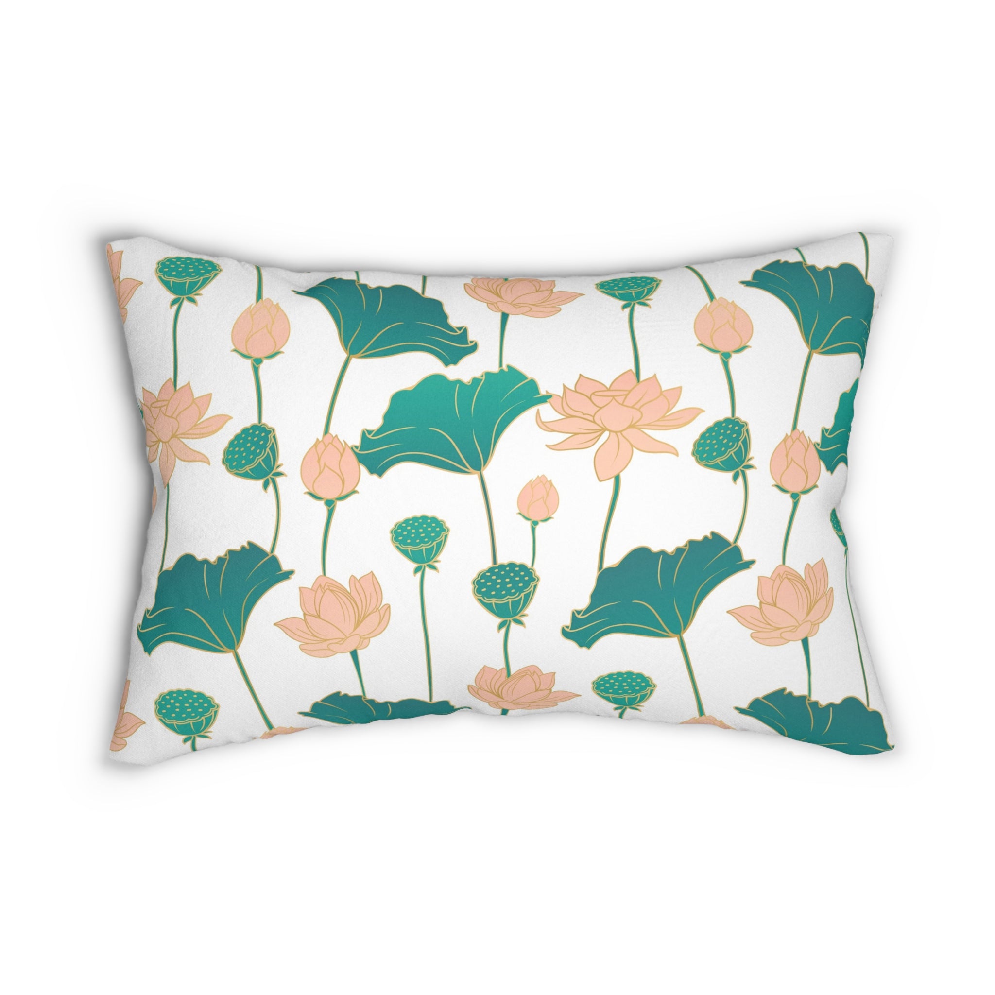 Lotus Lumbar Pillow | White Blush, Teal Green Floral
