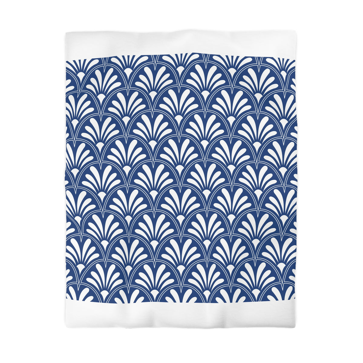 a square with a repeating pattern of white and blue flowers or leaves.