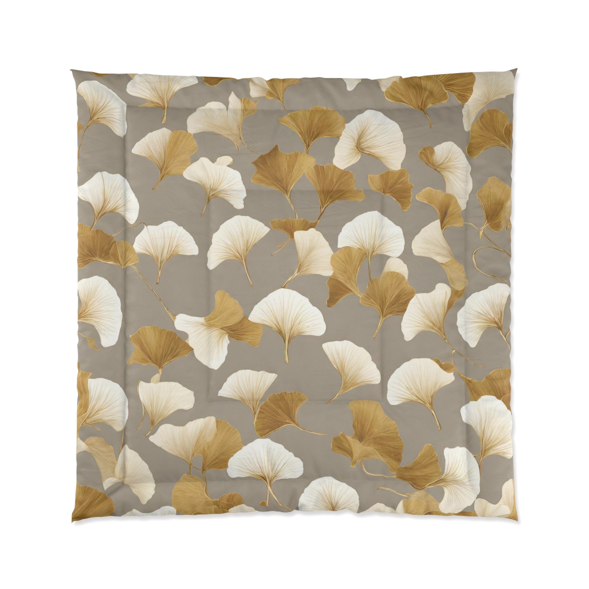 Floral Comforter | Taupe, Gold, Ivory Beige, Gingko Leaves