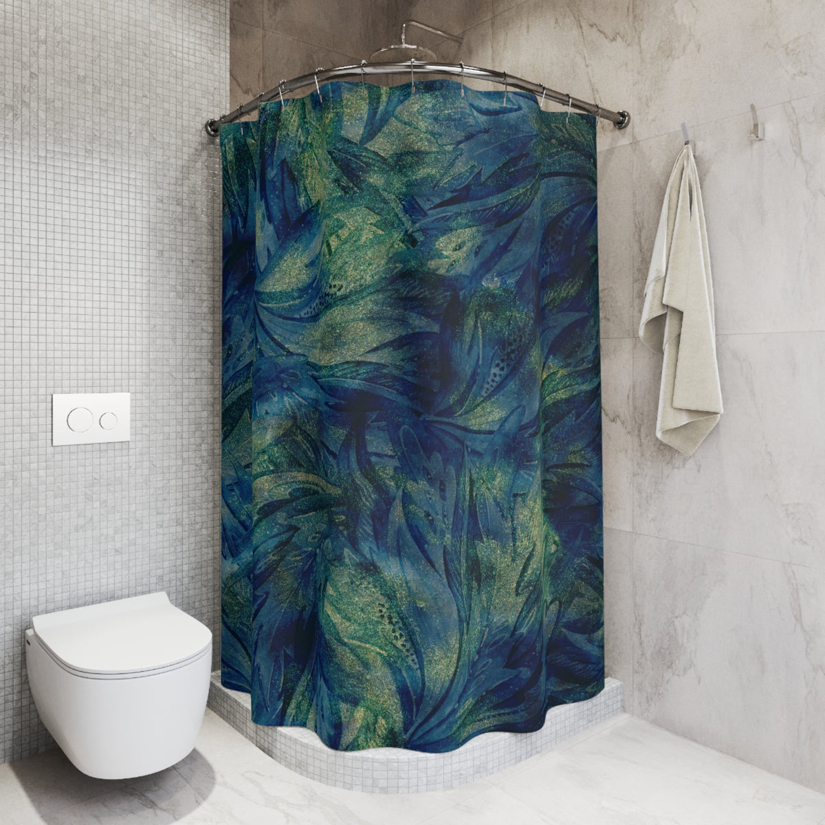 a bathroom with a shower curtain featuring a vibrant, abstract pattern in shades of blue and green. The shower curtain is hanging from a rod next to a towel, and there is a white toilet visible in the corner of the room.