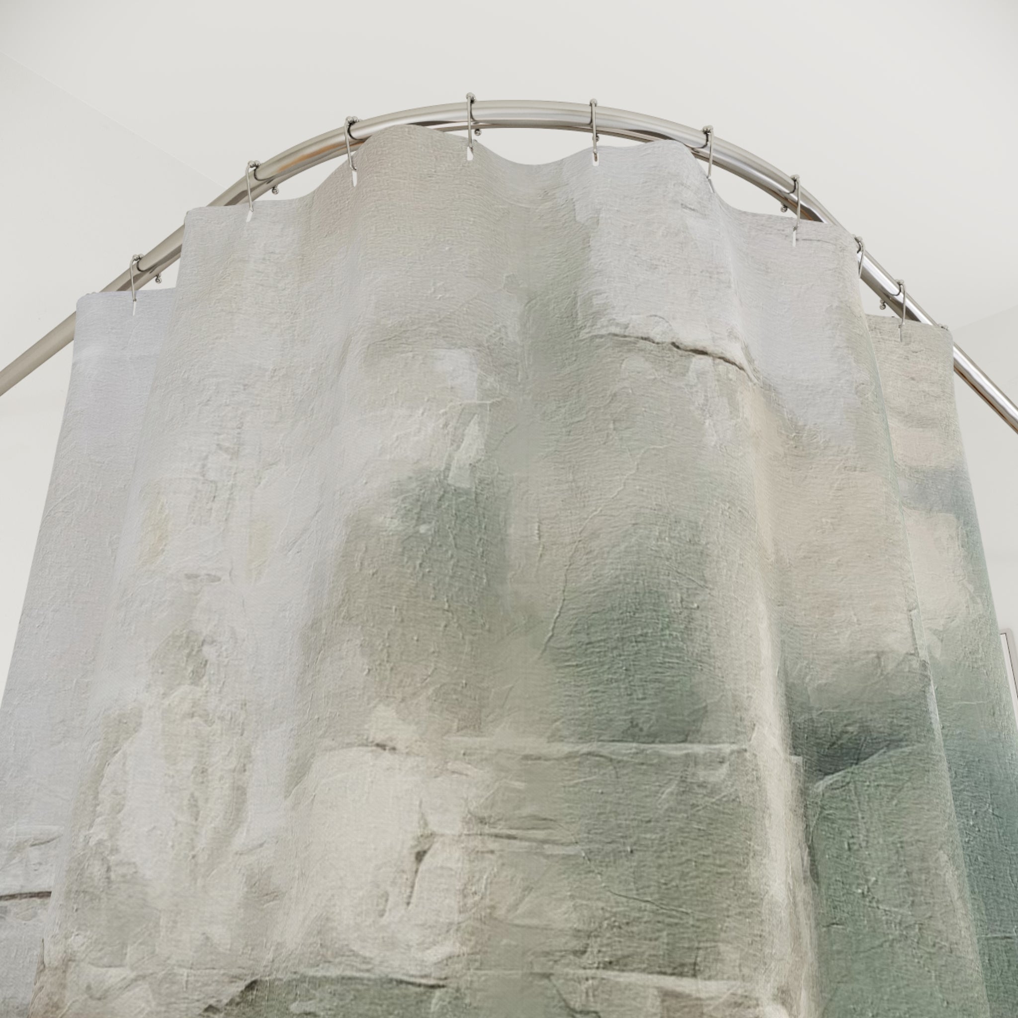 a large, curved shower curtain with a white and green color scheme. The curtain appears to be made of a material that resembles stone or concrete, giving it a textured and weathered appearance.