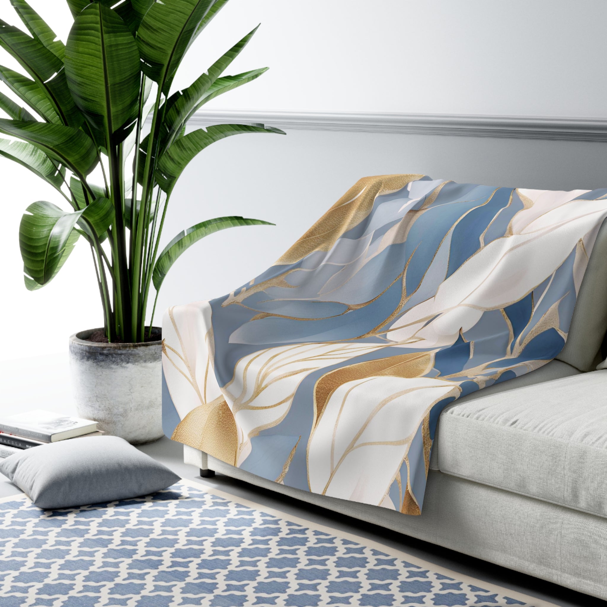 Abstract Floral Throw Blanket | Pale Blue, White Beige Leaves