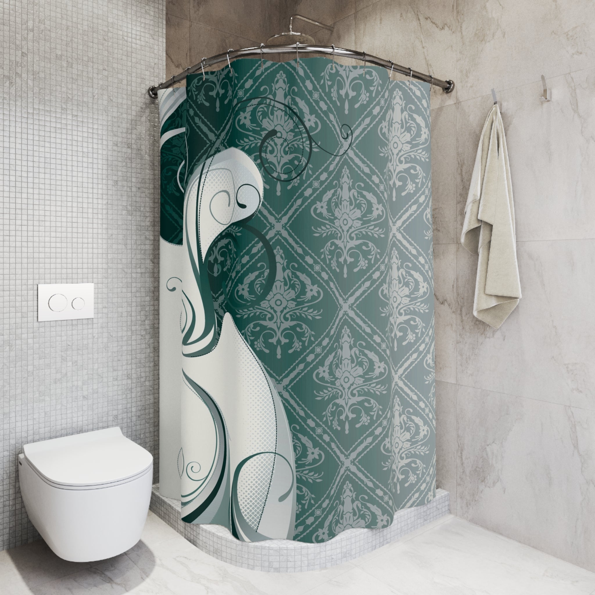 Boho Shower Curtain | Teal Green, White Moroccan Abstract Fabric Curtain
