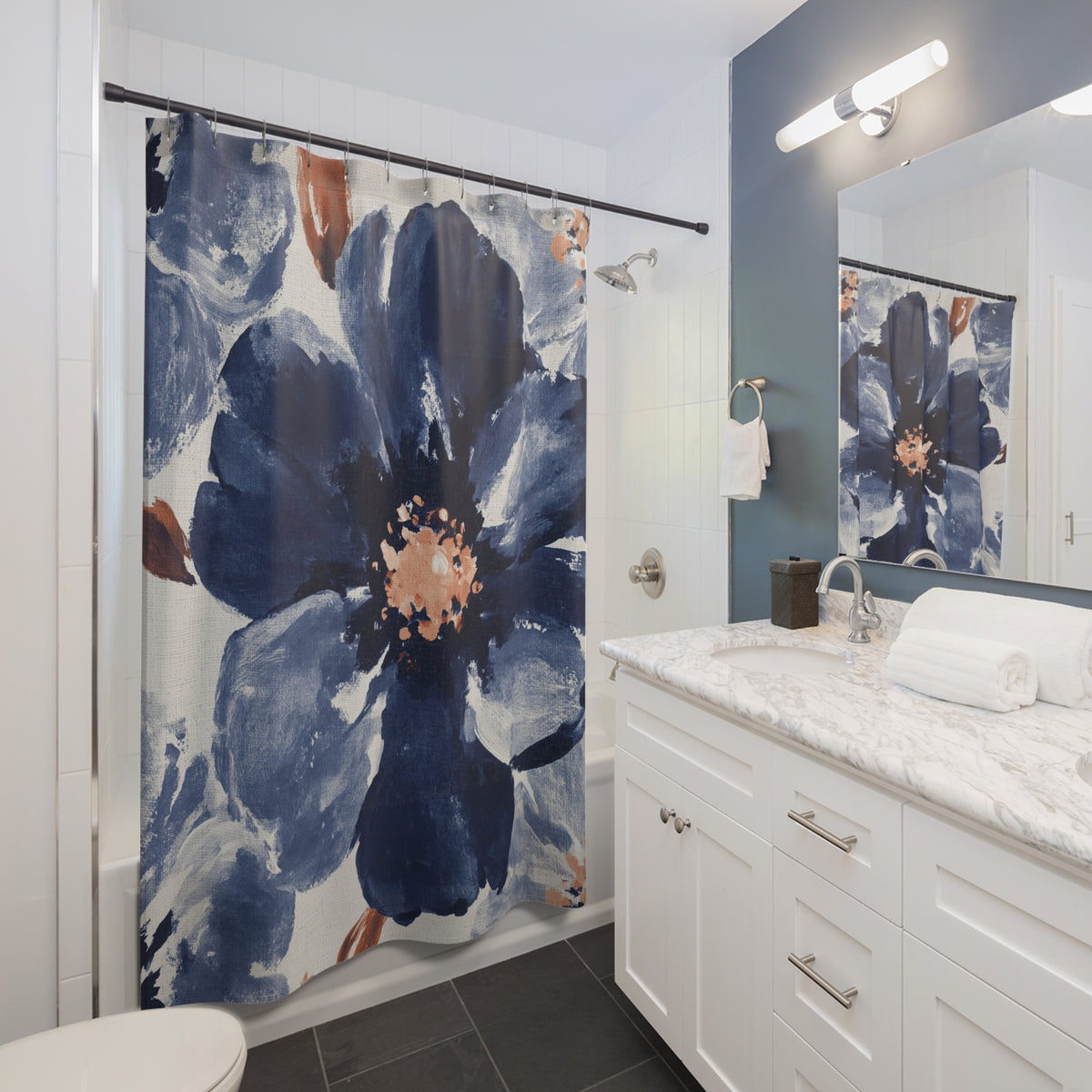 Navy Terracotta Watercolor Poppy Shower Curtain, Bath Curtain 71x74
