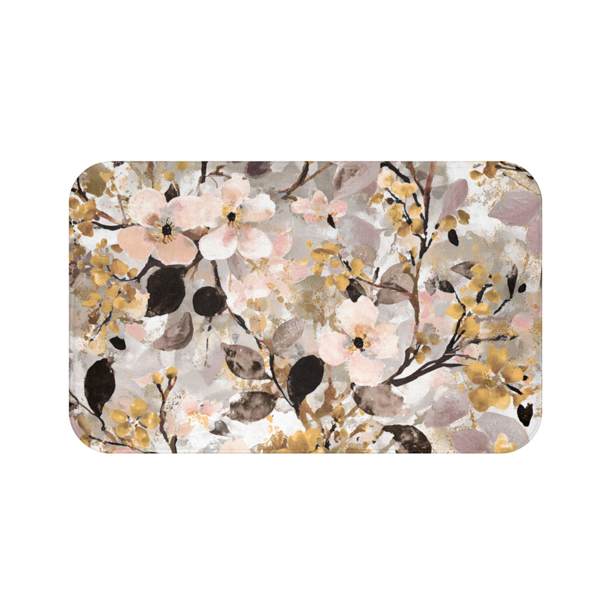 Blush Mustard Blossom Floral Bath Mat, Botanical Bathroom Rug