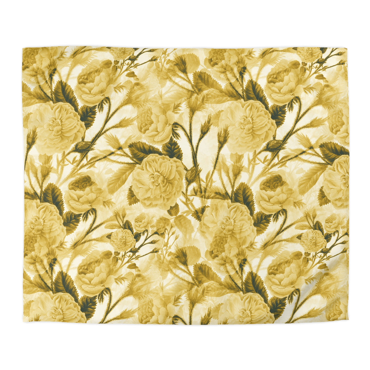 a repeating pattern of yellow flowers with green leaves, creating a visually appealing and harmonious design.