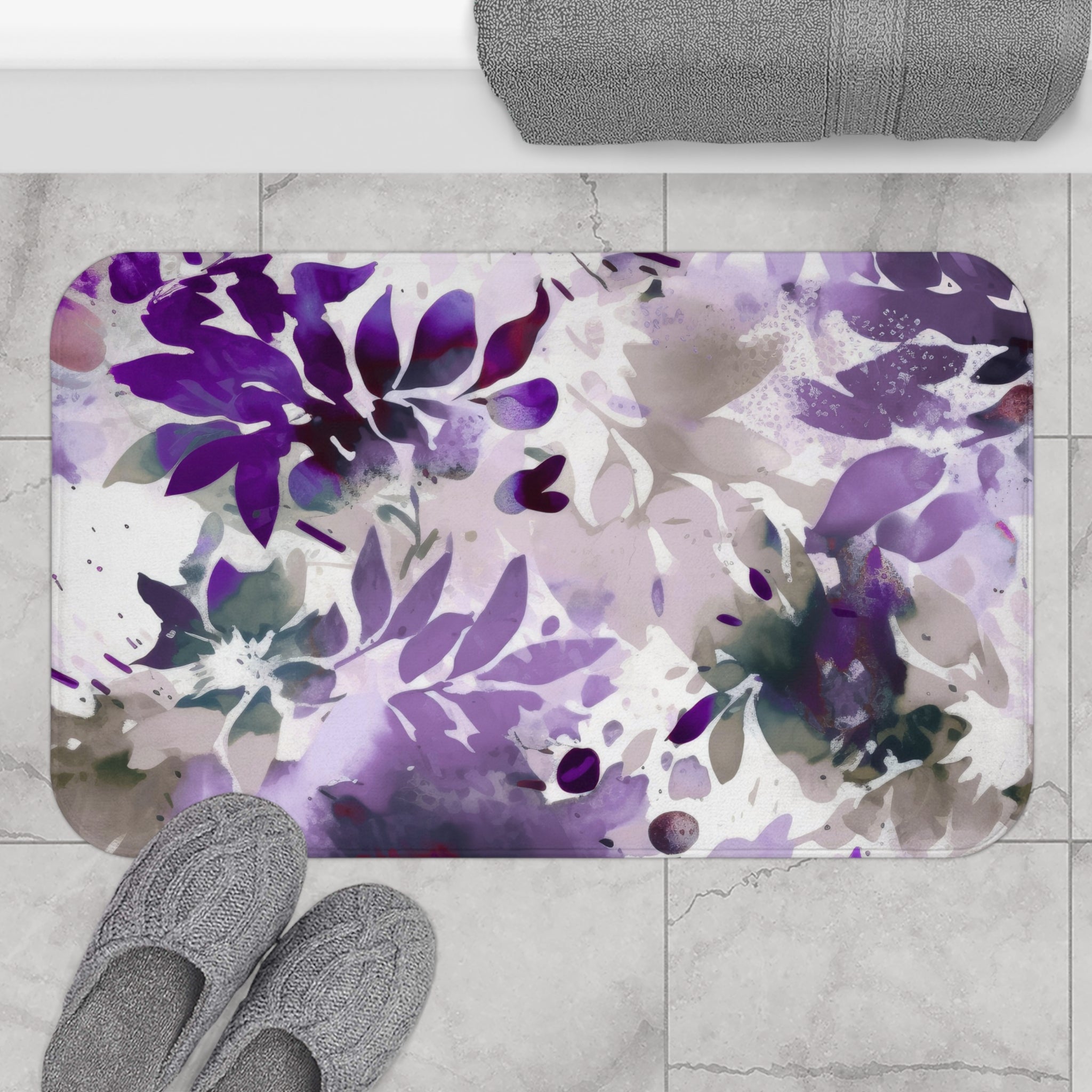 Abstract Bath Mat | Lavender Purple Beige Leaves Floral Kitchen Mat