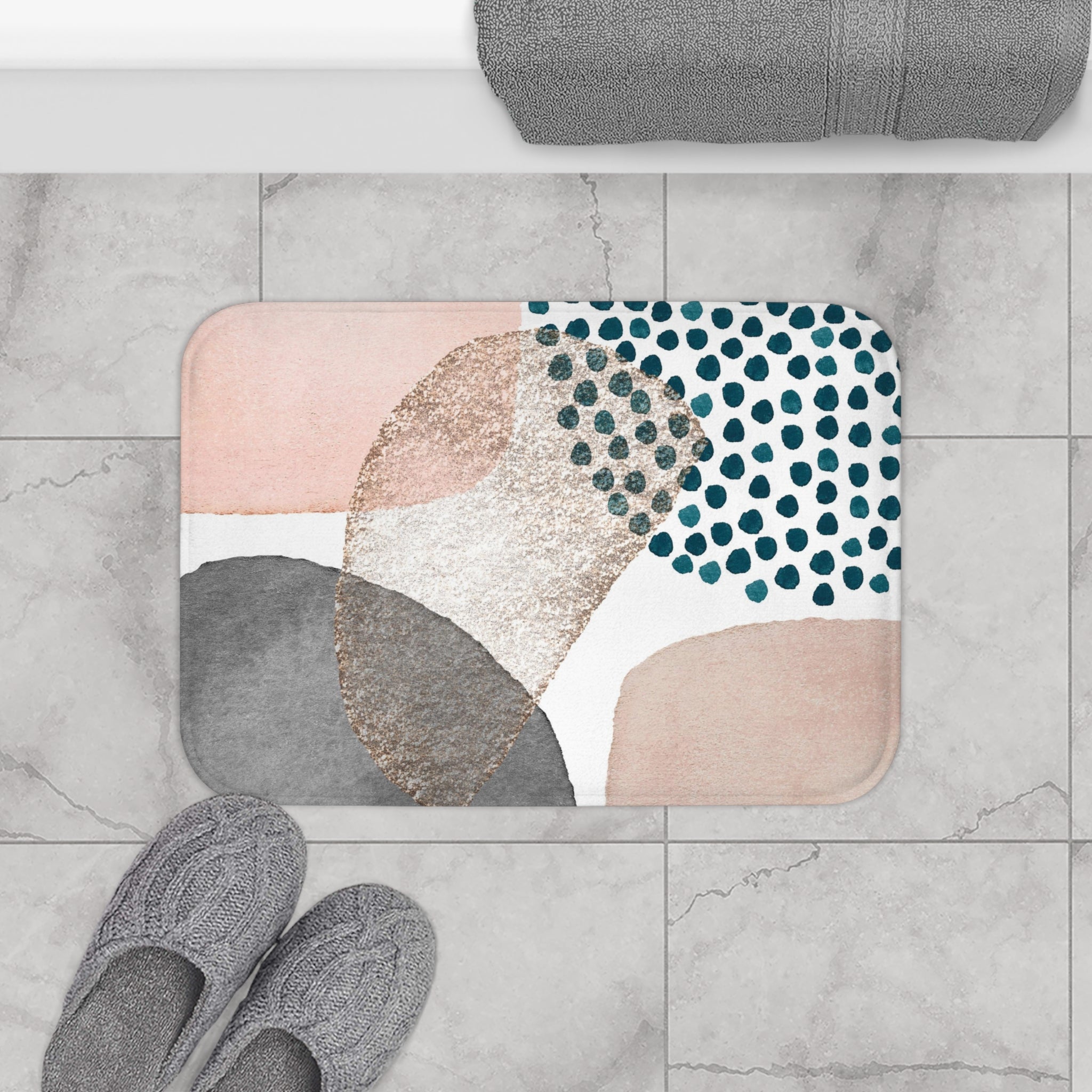Boho Bath, Kitchen Mat | Modern Blush Pink, White Beige, Grey Blue