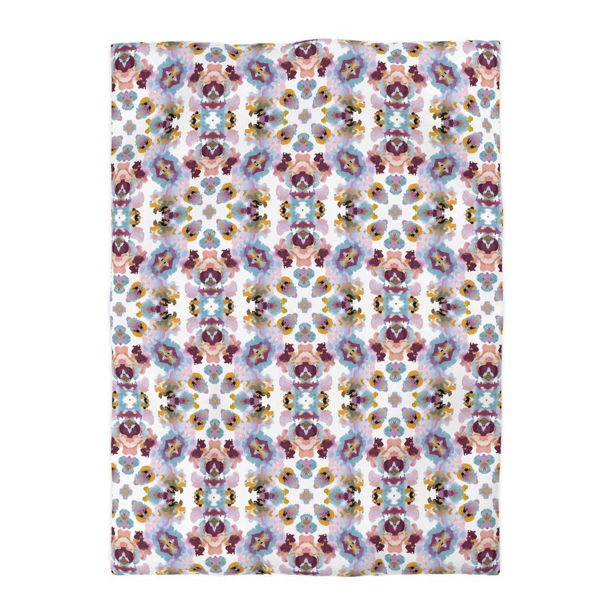 a repeating pattern of colorful flowers on a white background.