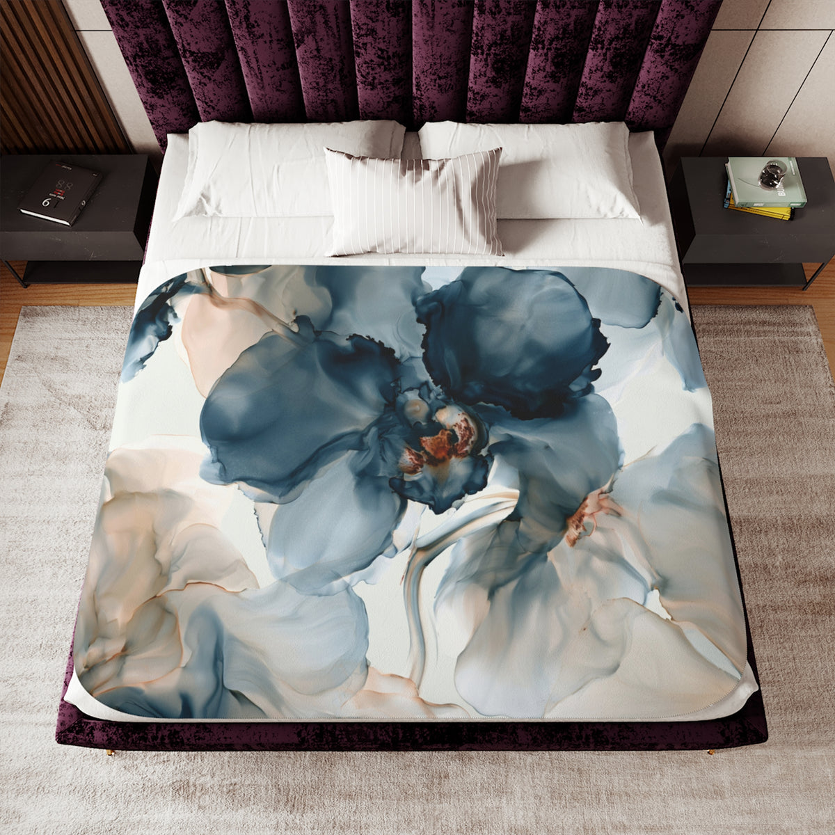 a bed with a purple headboard and a blue flower on it