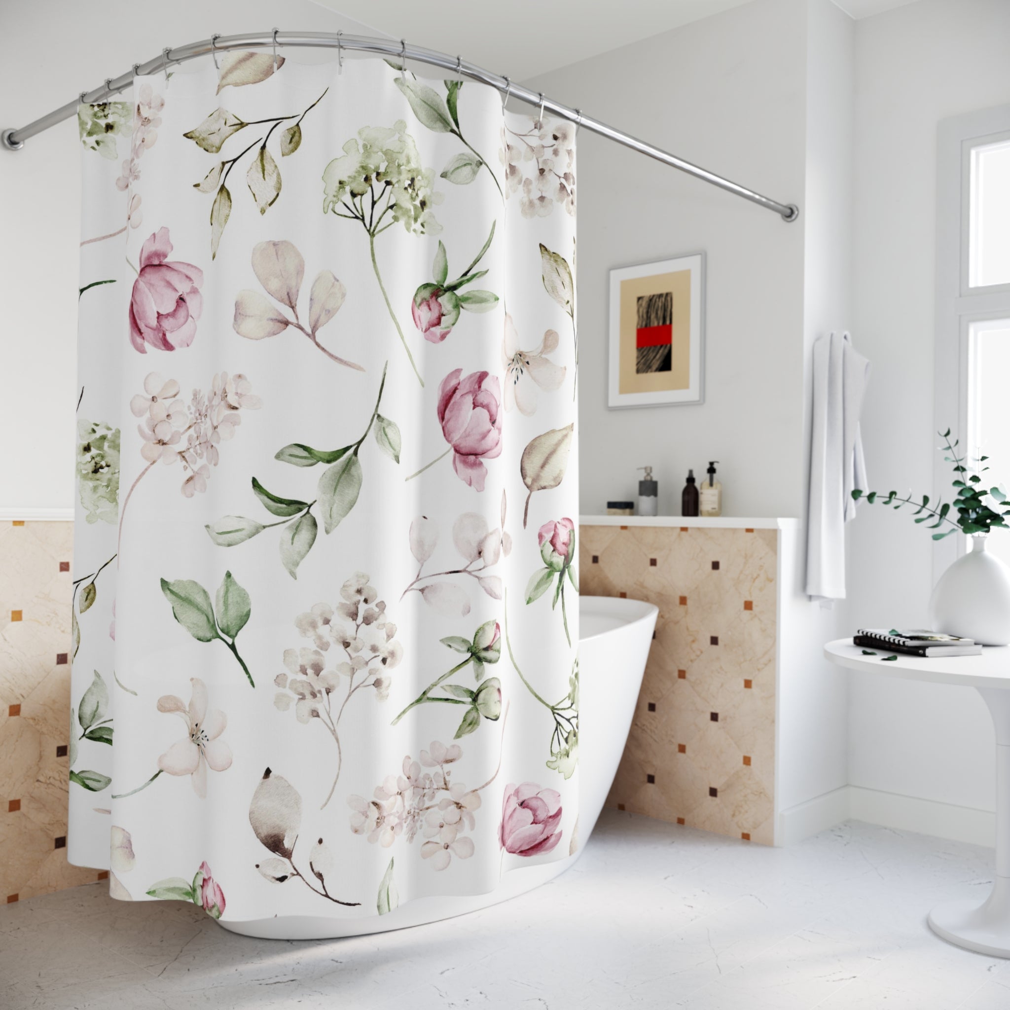 Boho Floral Shower Curtain | White Sage Green, Blush Pink Peonies
