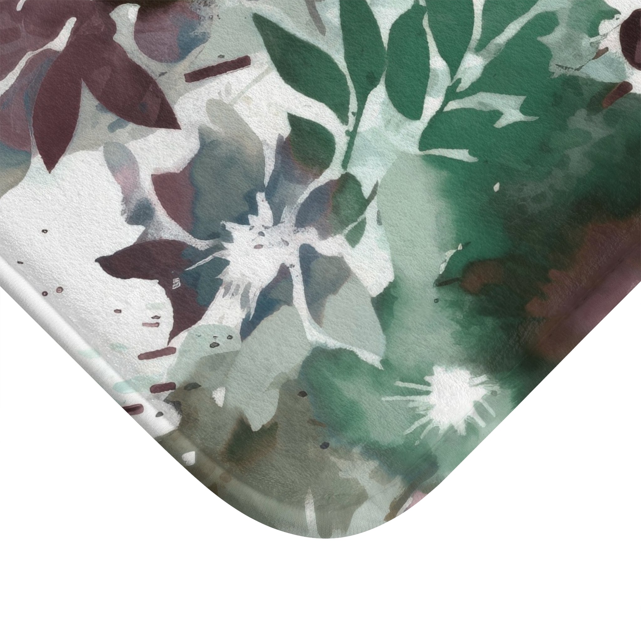Abstract Bath Mat | Sage Green White Mauve Leaves, Colorful Floral Kitchen Mat