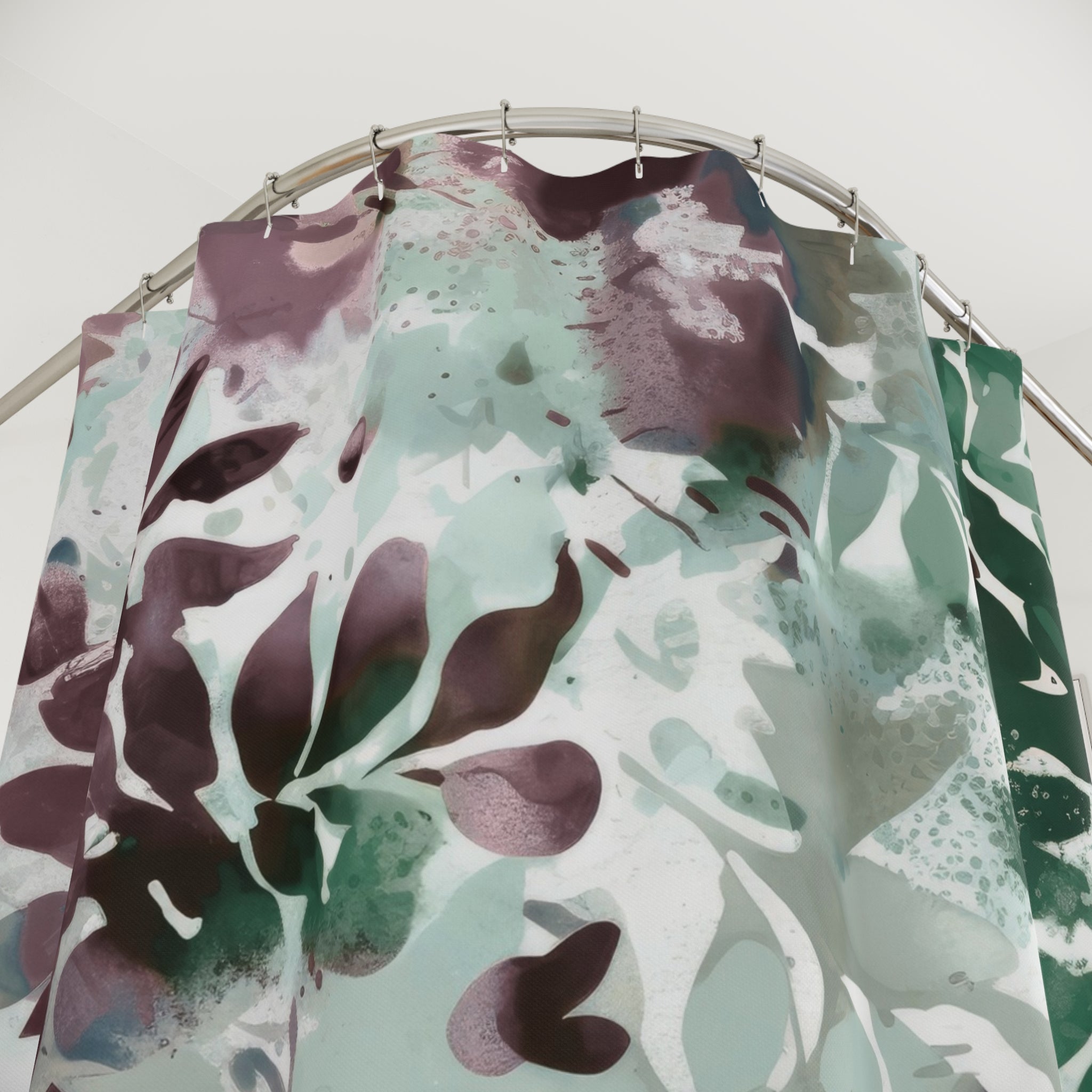 Boho Shower Curtain | Sage Green White Mauve Leaves, Colorful Floral Watercolor