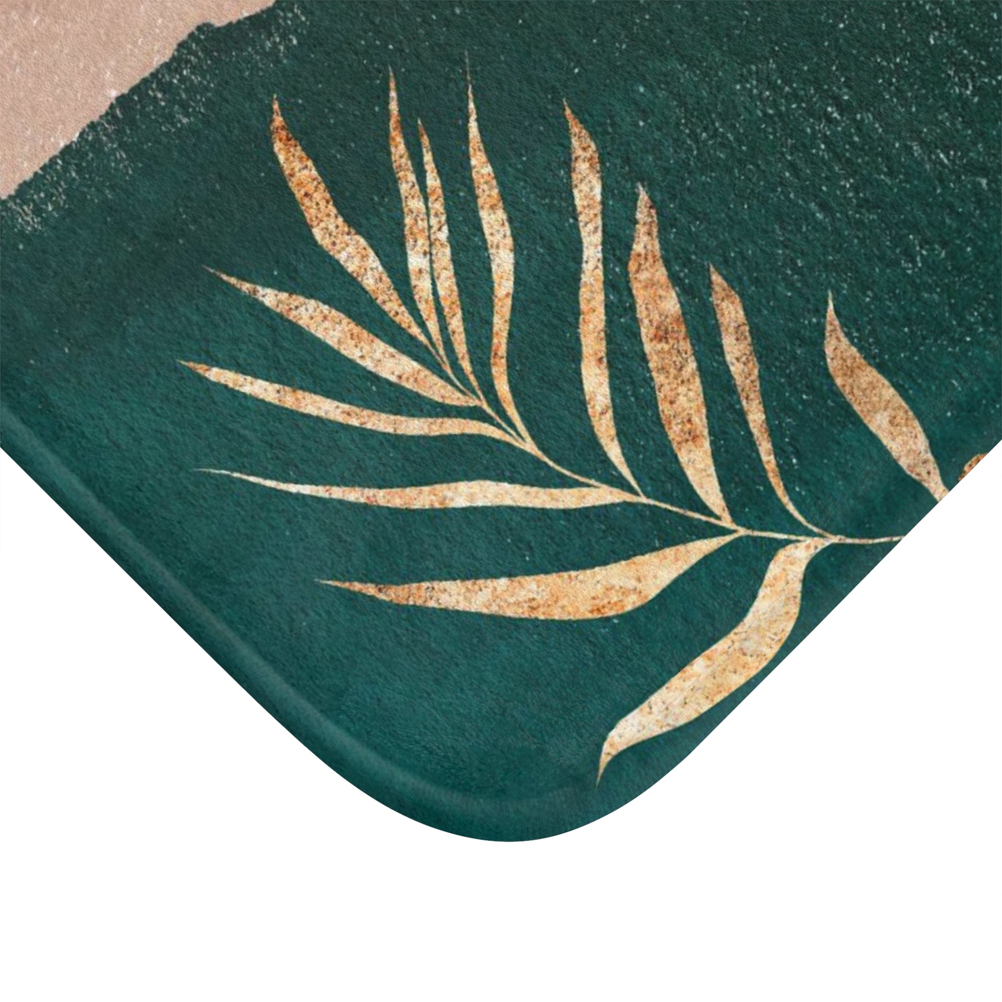 Emerald green, beige and gold floral boho abstract bath mat, close-up of the texture
