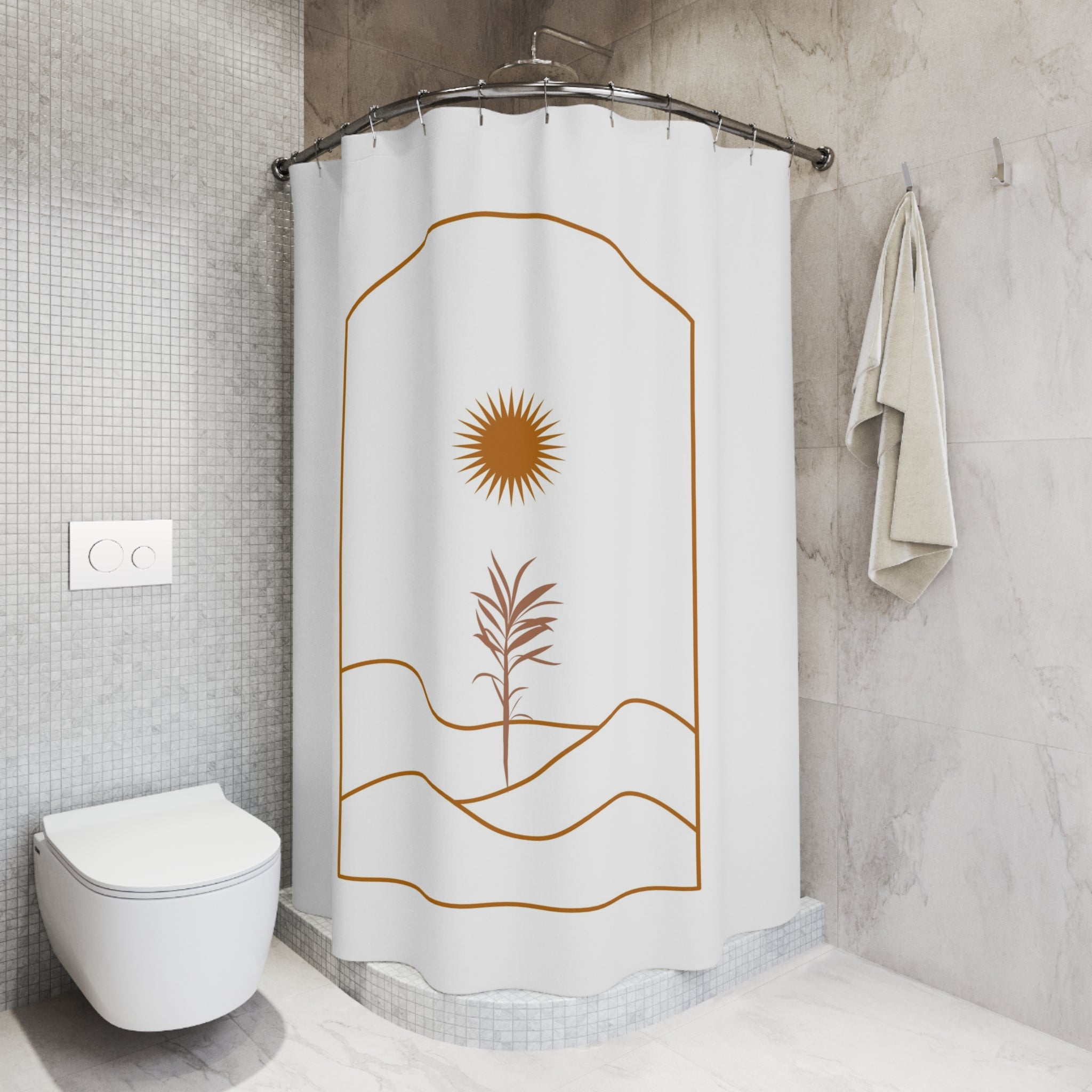 Boho Shower Curtain | White, Terracotta Sun, Abstract